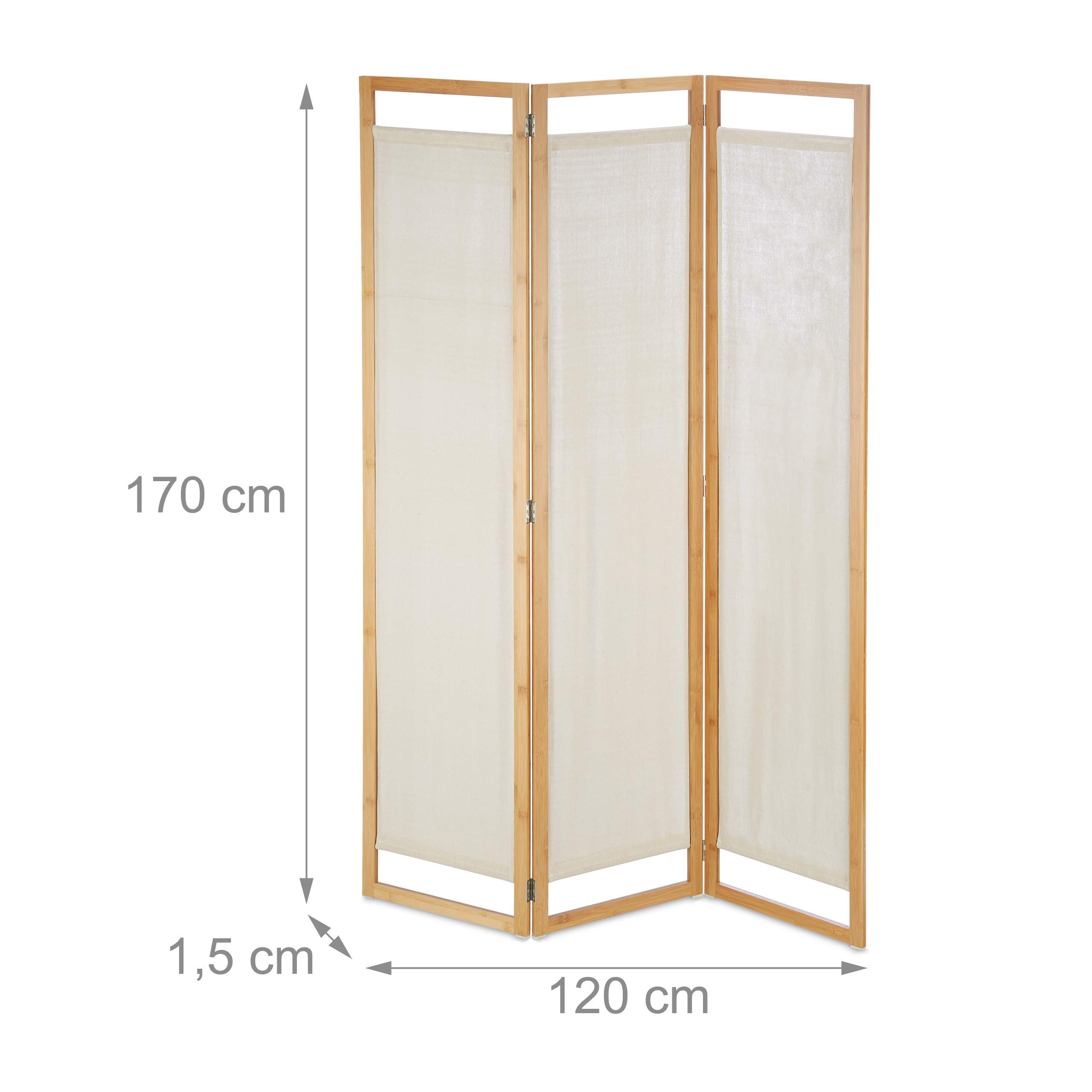 Relaxdays Paravent, 3, séparateur de pièce Pliable, Brise-Vue, en Bambou et Tissu, HxLxP 170x120x1,5 cm, Naturel, Polyester, Coton, 1 élément