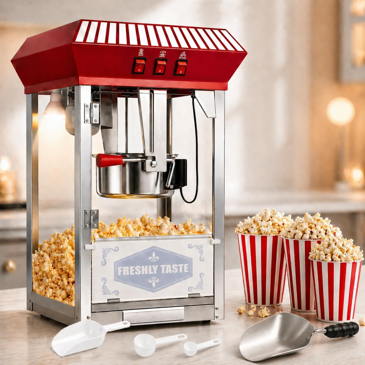 Commercial Popcorn Machine, 12 Oz Kettle, Movie Theater Popcorn Machine,Vintage Red Tabletop Pop Corn Machine with Stainless-Steel Kettle &amp; Steel Frame Tempered Glass Doors
