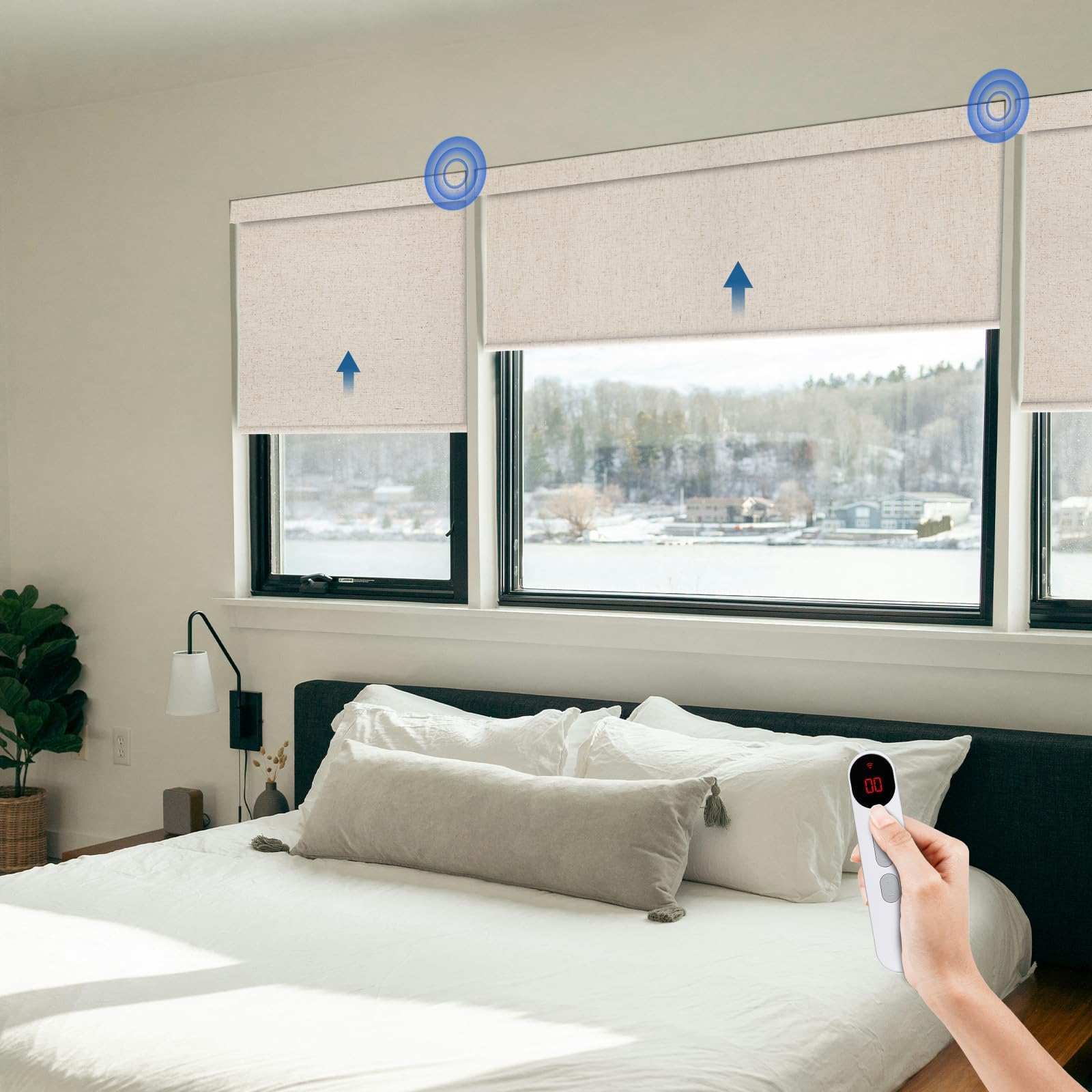 Motorized Blinds for Windows - Hapadif Roller Window Shades with Remote, No-Drill Installation, Cordless Automatic Blackout Electric Blinds, Adjustable Height, Easy to Use (Linen, 35 x 72)