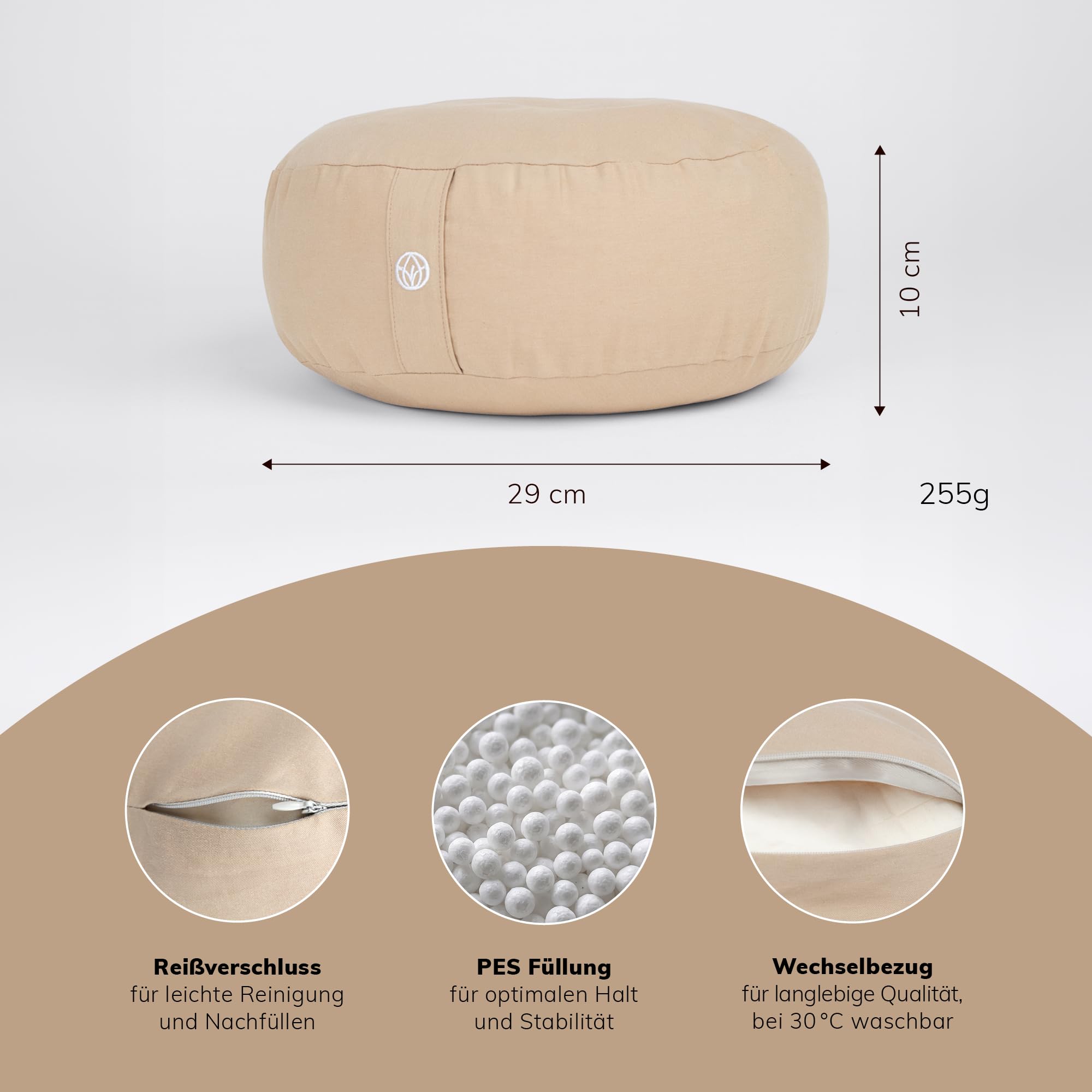 MYLILY Yogakissen Meditationskissen – Yoga Kissen rund Ø 29 cm – 10 cm flach & 255 g leicht – Sitzkissen Boden mit waschbarem Baumwoll-Bezug – vegan – Beige