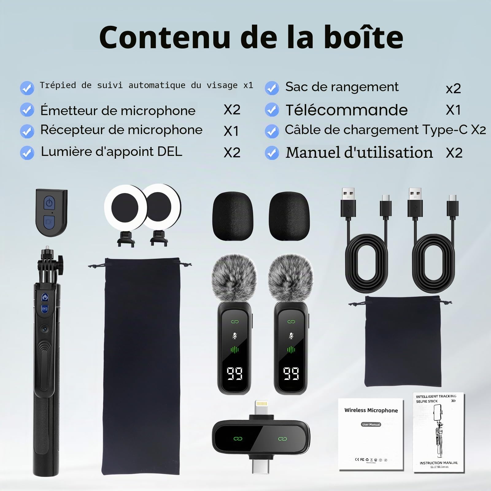 Kit de Vlogging pour iPhone/Android, trépied pour téléphone portable de 180 cm avec suivi automatique du visage, rotation à 360°, trépied pour téléphone portable et créateur de contenu avec lumière et