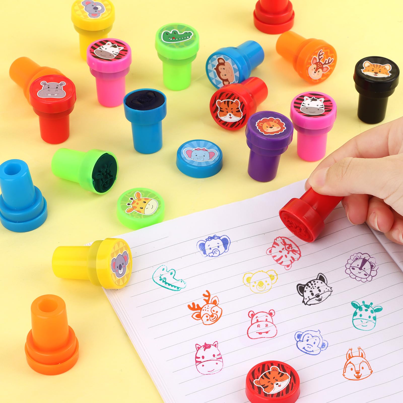 Hxezoc 24 Stück Safari-Dschungel-Tierdruck-Stempel, Mini-Stempel, bunt, selbstfärbend, Partyzubehör, sortiert, Stempel-Set für Klassenzimmer, Party, pädagogische Lernaktivitäten