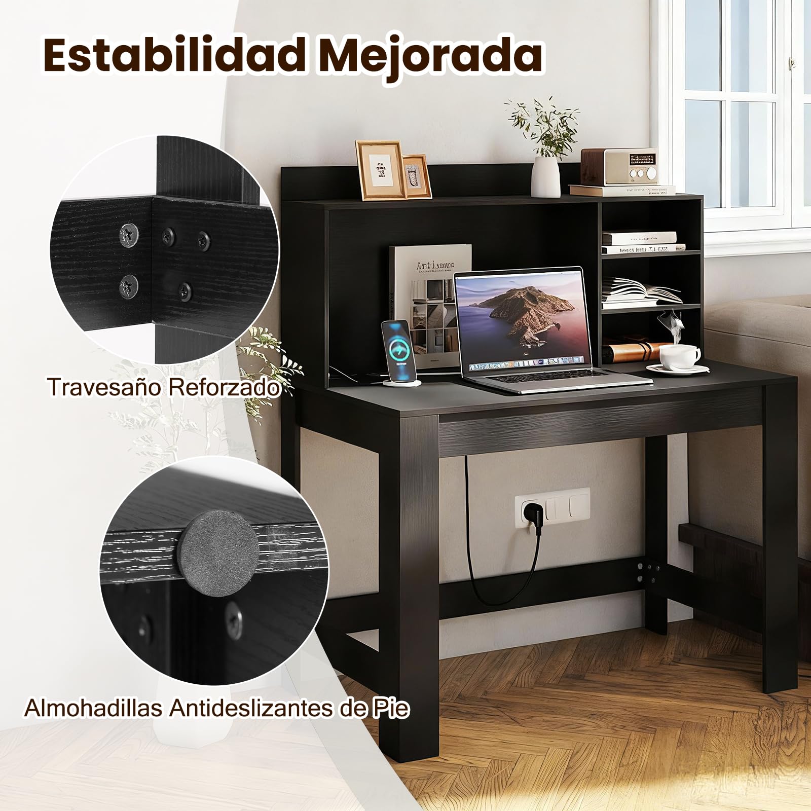 COSTWAY Escritorio con Estantería 108 x 60 x 125 cm, Mesa Escritorio con Enchufes y Agujero para Cables, Tocador Dormitorio Oficina Despacho (Negro)