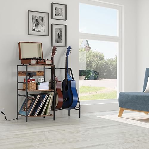 Miniatura 4 de Soporte para tocadiscos, mesa de almacenamiento de vinilo de 3 niveles con soporte para guitarra, soporte para tocadiscos con estación de carga y