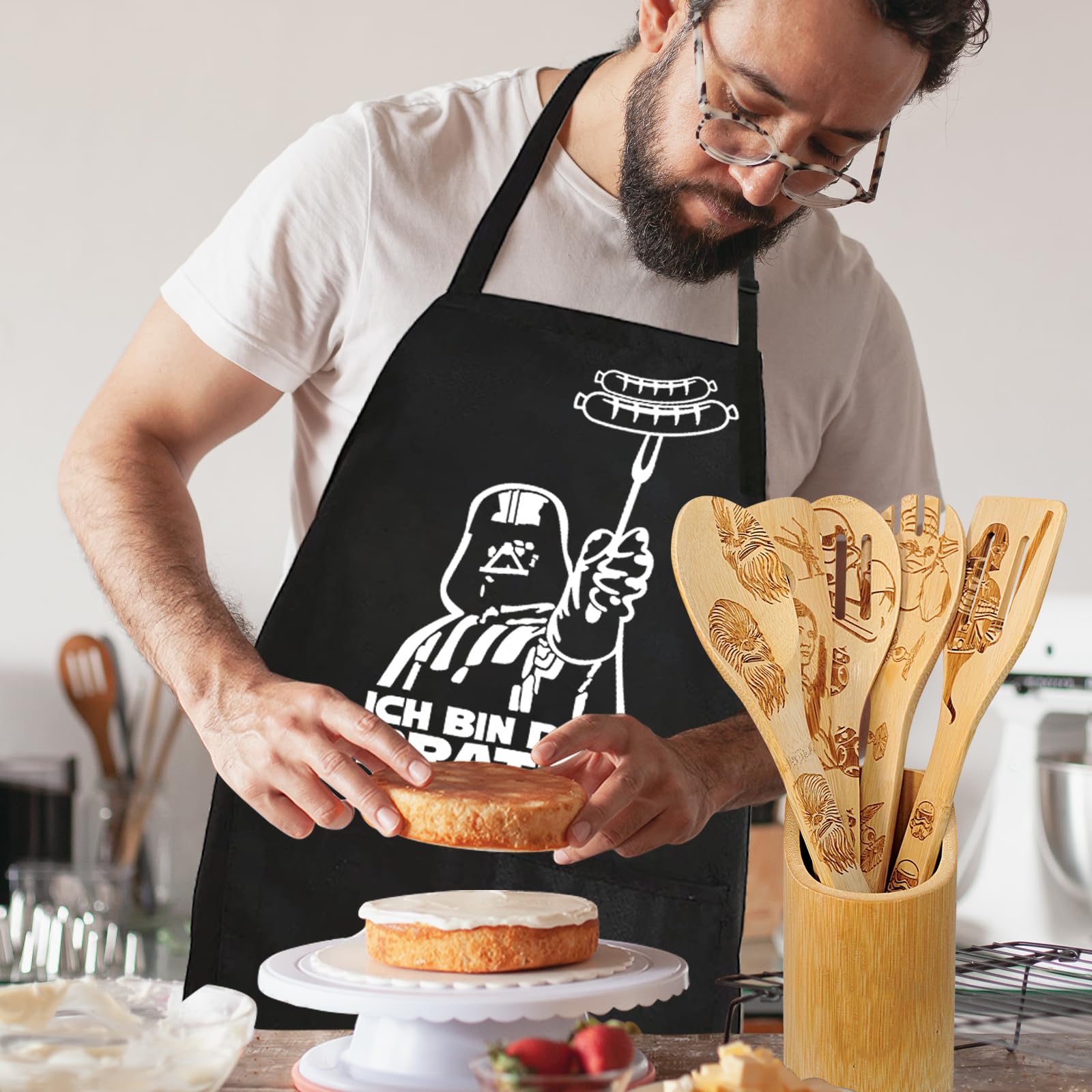 DaceStar - Star Delantal para Barbacoa y Cuchara de Cocina de Madera, Star Regalo Wars, Divertido Merch de Cocina, Decoración