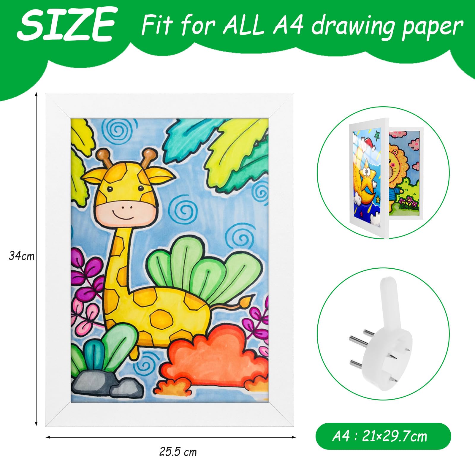 Portarretratos A4 21x30 cm madera abatible Para dibujos infantiles, 2 piezas Portarretratos A4 infantil apertura frontal para 150 fotos, para colgar & exponer, blanco A