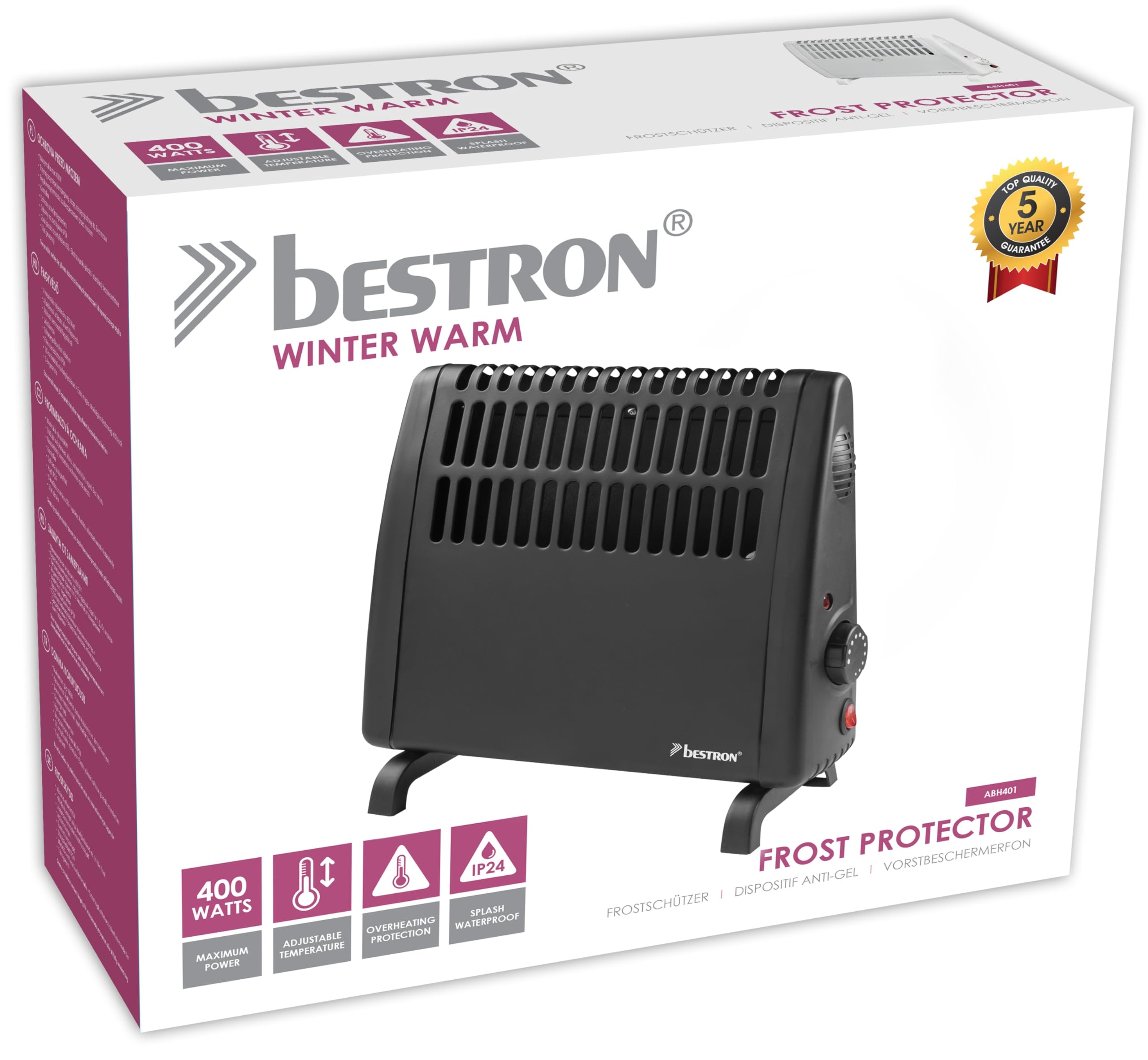 Bestron dispositivo antigelo, Monitor antigelo elettrico con termostato variabile e spegnimento automatico, adatto anche per garage, caravan, capannoni per attrezzi e giardino, 400W, colore: Nero