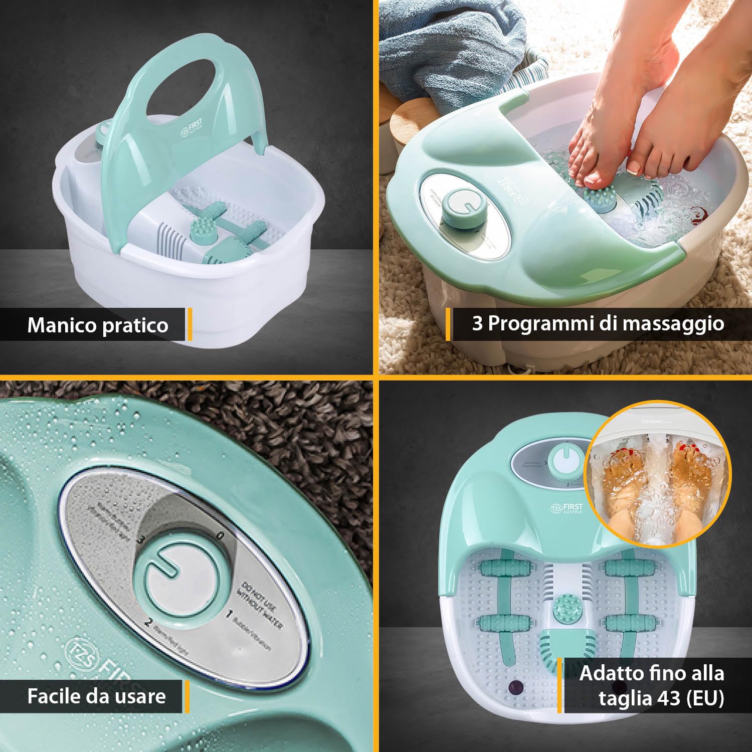 TZS First Austria - Pediluvio Massaggiatore - 80W - Luce Rossa & Funzione Mantenimento Calore - Fino al Numero 43 - Idromassaggio Plantare con 3 Accessori & Box Aroma - Maniglia Pieghevole - Turchese