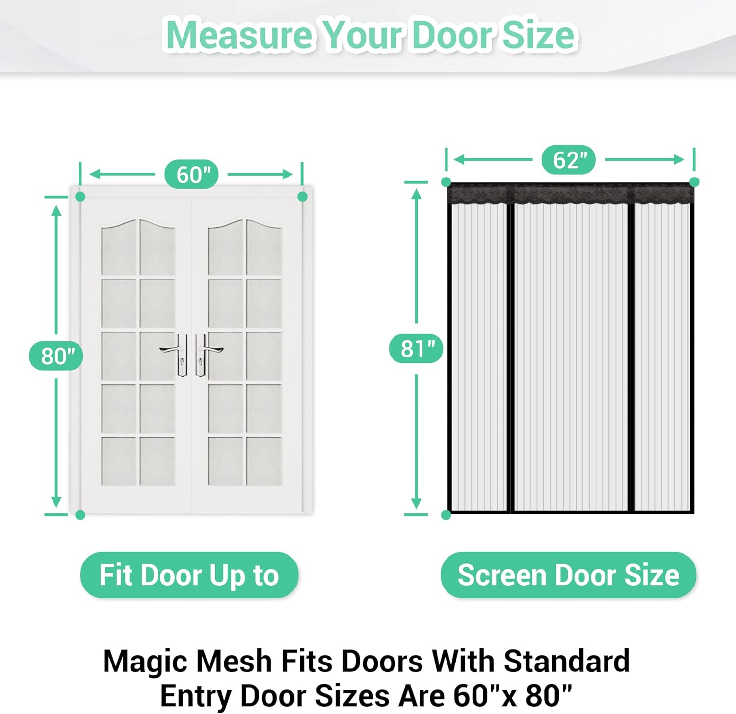 NGreen Reinforced Magnetic Screen Door - Heavy Duty Mesh Curtain and Full Frame Hook and Loop, Toddler and Dog Friendly, No Tools Required (Double Doors, 62"x81", Fits Door Up to 60" W x 80" H)