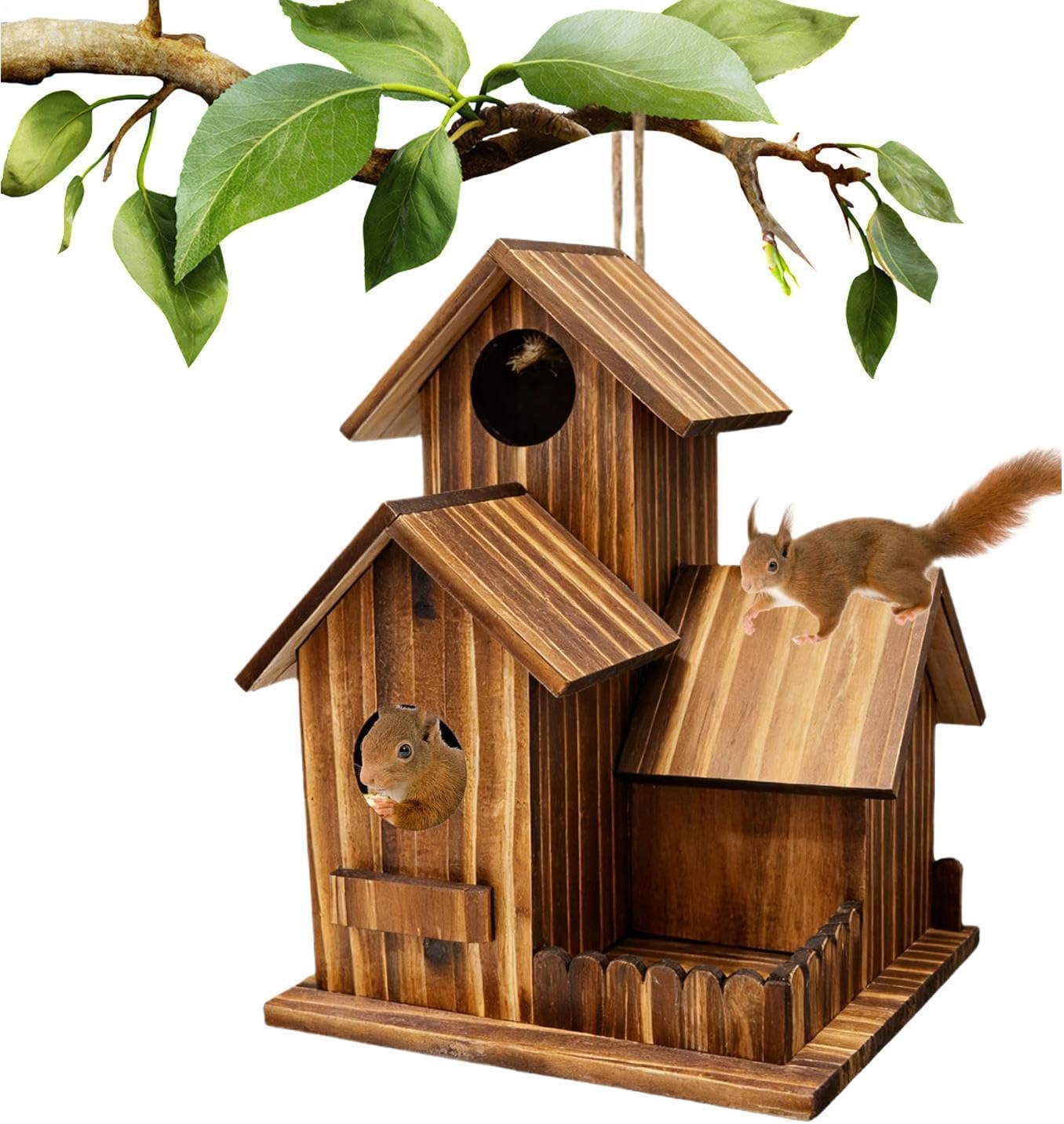 Squirrel Feeders for Outdoors,Three-Room Design Outdoor Wooden Feeding Station - Squirrel Feeders for Outside Tree with Flexible Roof | for Backyard Garden Tree Deck Patio Balcony