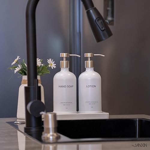 Miniatura 7 de Juego de dispensador de jabón de cocina de vidrio con bandeja de cerámica, dispensador de jabón de manos y platos de 16.9 onzas para decoración de