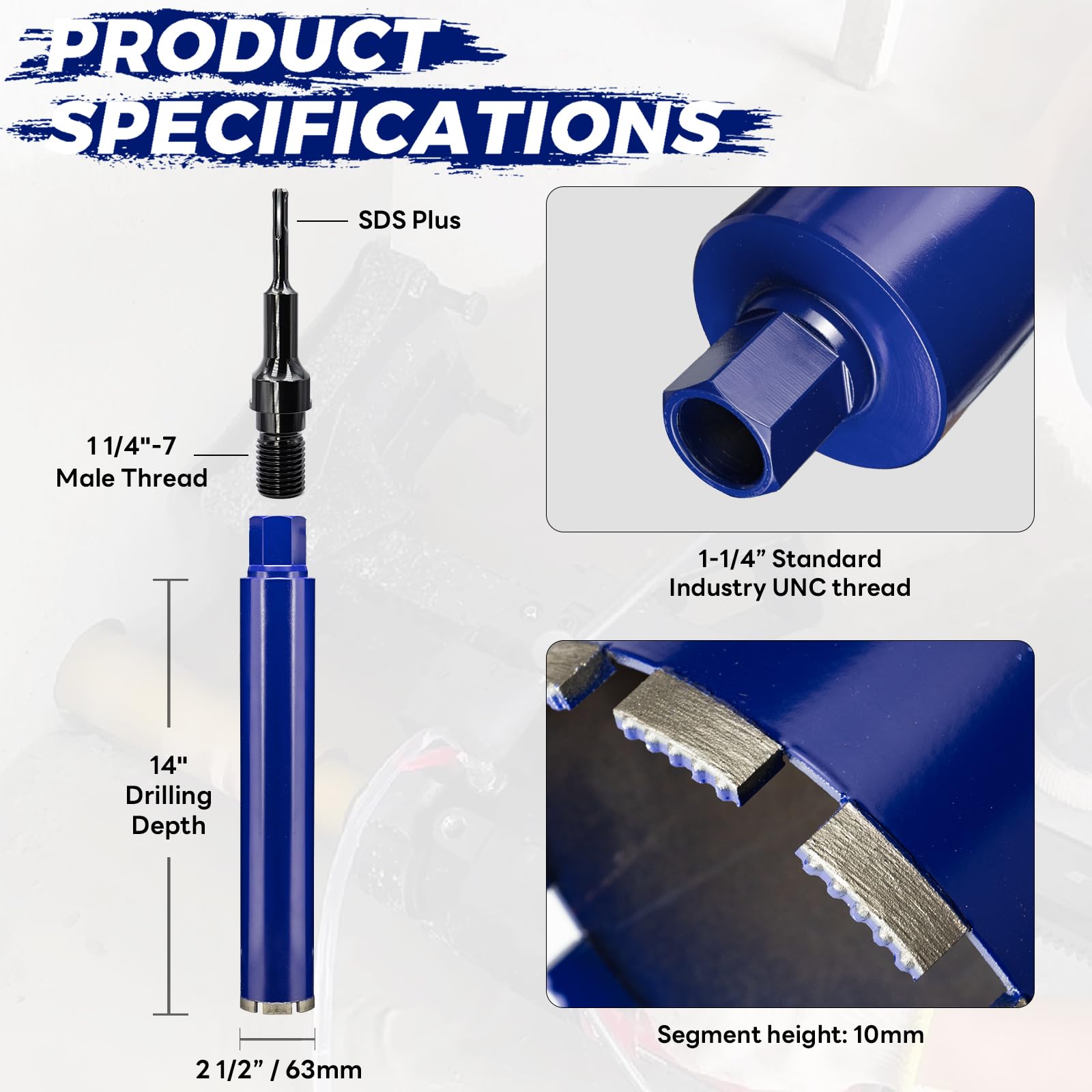 Broca de núcleo de hormigón profesional de 2-1/2 pulgadas con adaptador SDS Plus (rosca de 1-1/4 a 7), profundidad de corte de 14 pulgadas y brocas de núcleo de dientes soldados mejoradas para