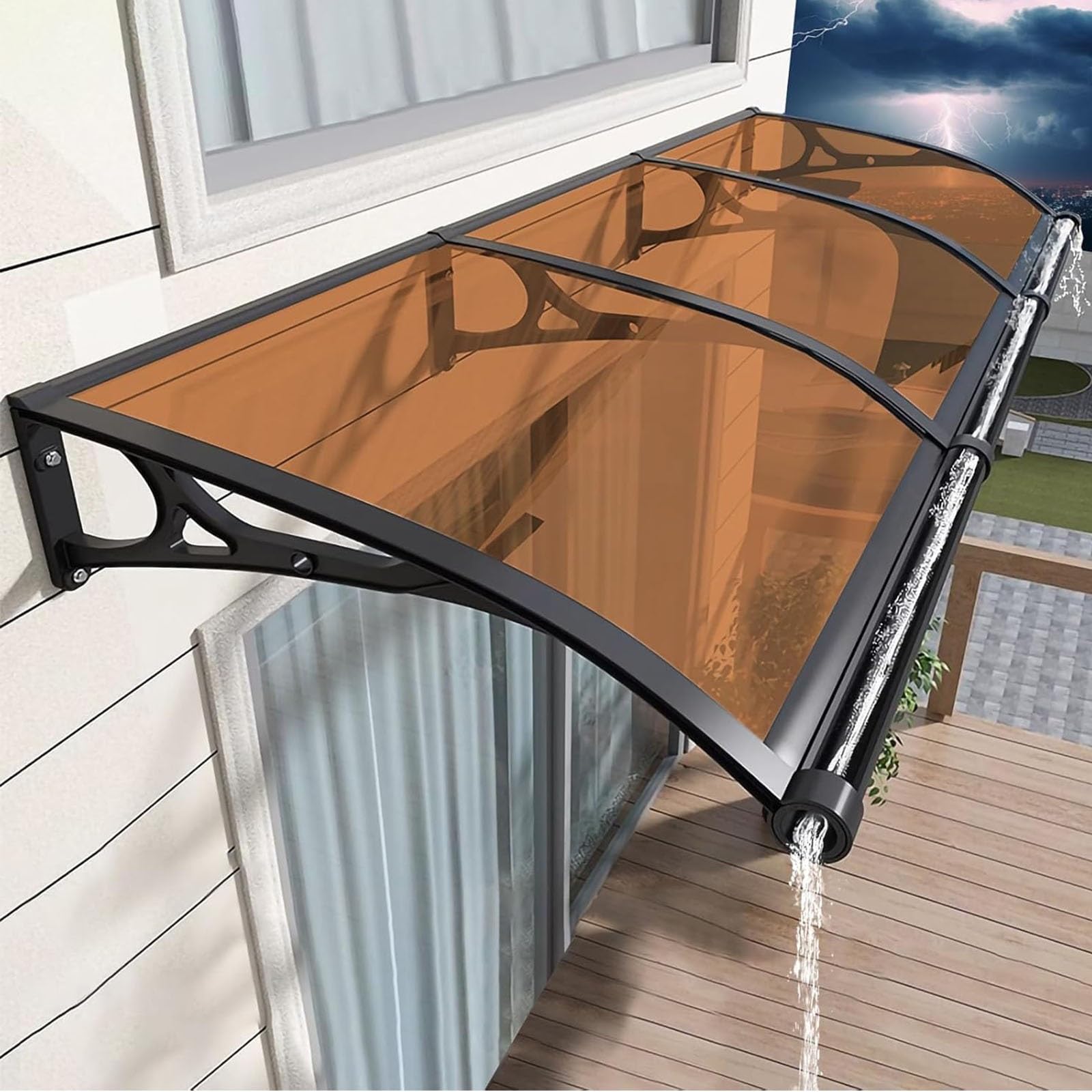 GJMSSMY Outdoor Door Canopy with Gutter UV and Rain Protection Polycarbonate Aw with Bracket Brown 120x400cm (47x157) - Weatherproof Shelter for Entryways