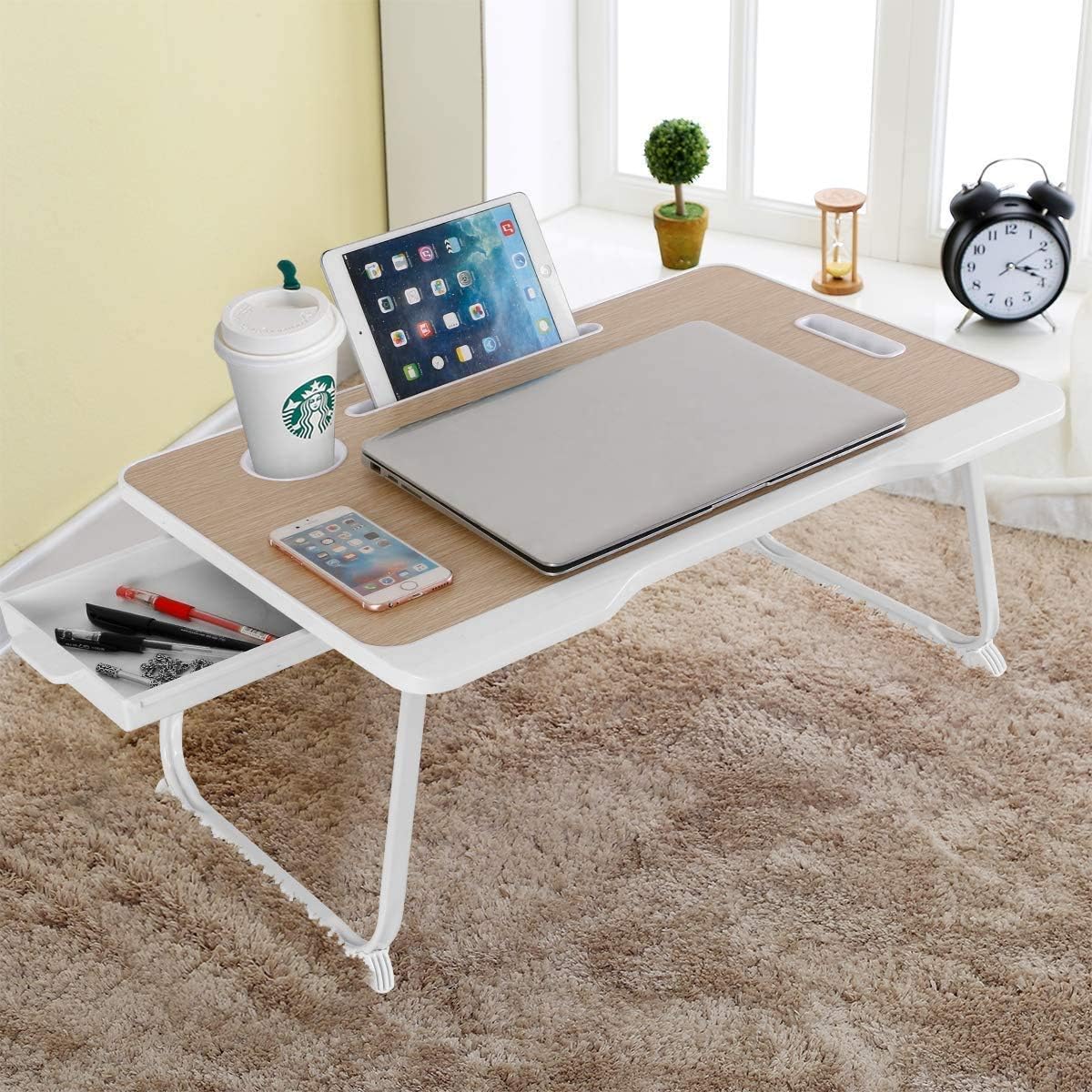 50% Off Discount Laptop Desk with Drawer, Astoryou Portable Laptop Bed Tray Table Notebook Stand Reading Holder Built in Convenient Handle & Foldable Legs & Cup Slot for Bed/Sofa/Couch/Floor (Beige)