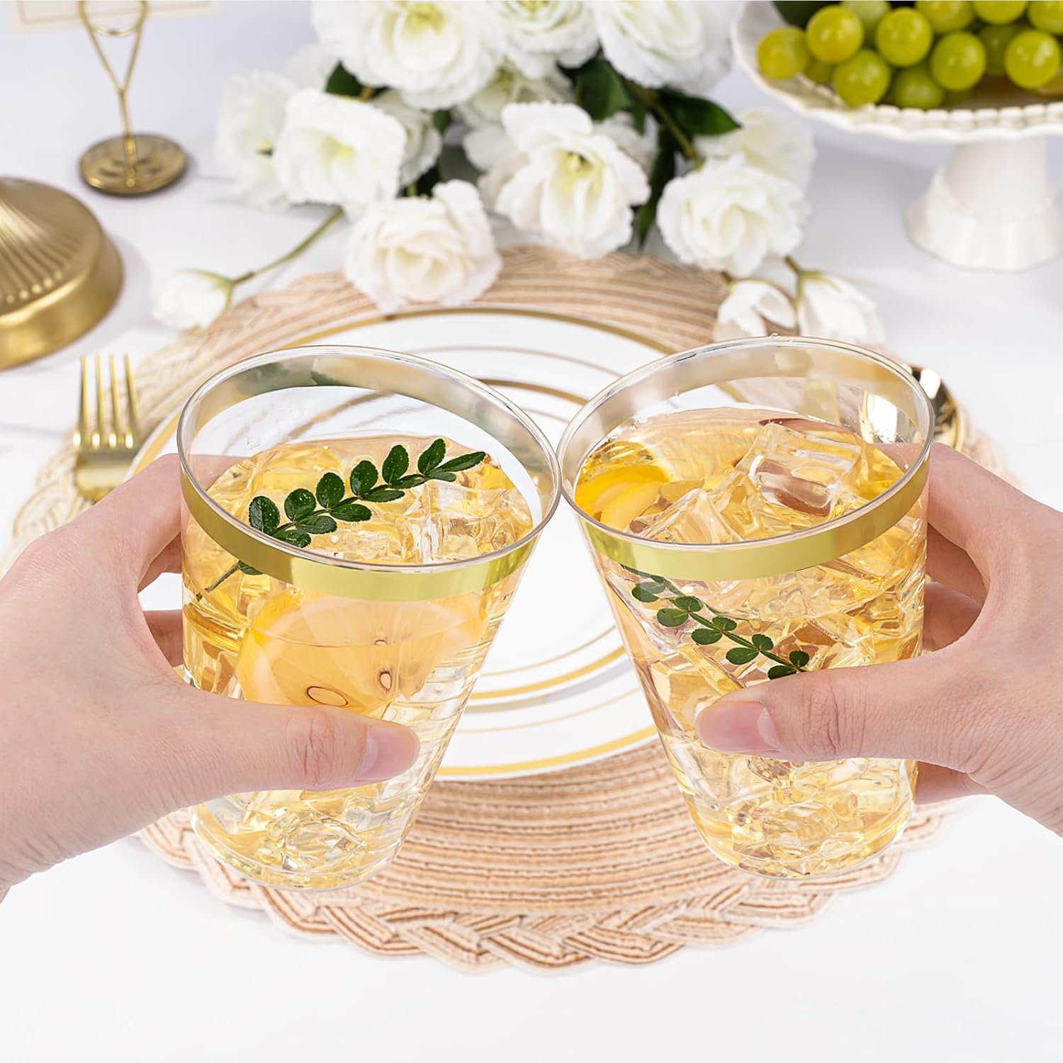BESTVIP 12oz Gold Plastic Cups, 100 Pack Gold Rimmed Disposable Cups, Heavy-duty Party Cocktail Glasses, Plastic Cups for Party, Holiday, Christmas, Wedding and Birthday - Image 6