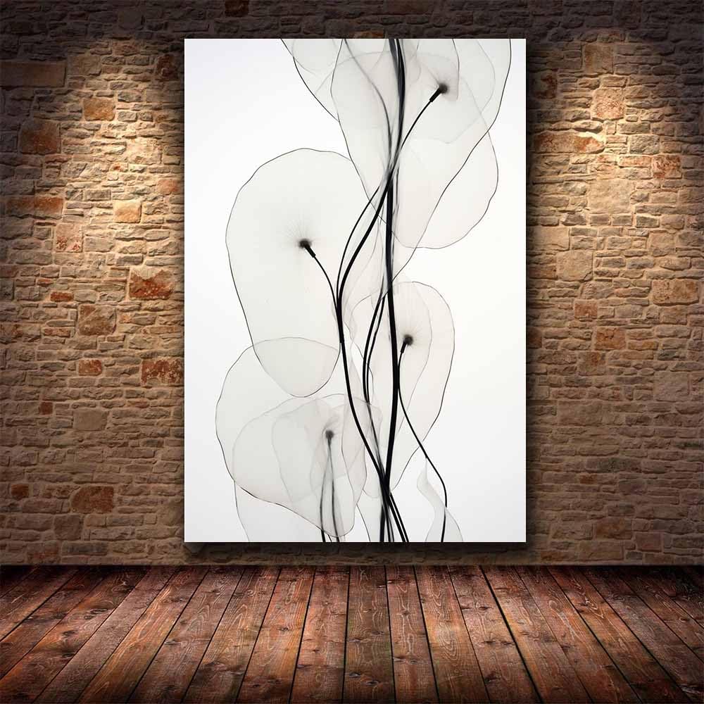 QUSAAOU Leinwand Offwhite Schwarz Abstrakte Blumen Stiele Modern Home Deko Wohnung Bild Wohnzimmer Fotoleinwand Wand Bilder Leinwand Wall Decor Kunstdruck-Kunst-Abstrakt -70x100cm Gerahmt
