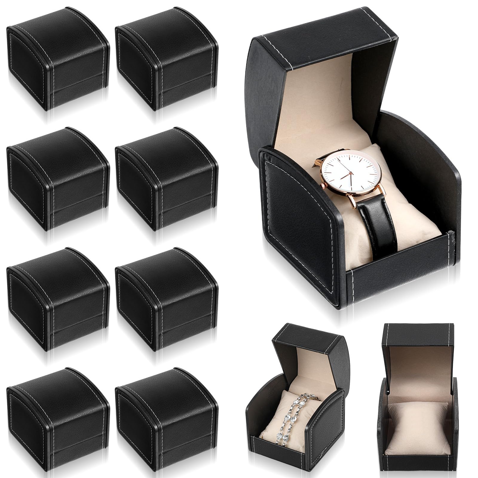10 Packs Single Grid Watch Box with Pillow, PU Leather Gift Case for Bracelet, Jewelry Wristwatch Storage, Watches Display Holder for Men and Women, Single Watch Roll Organizer, Black