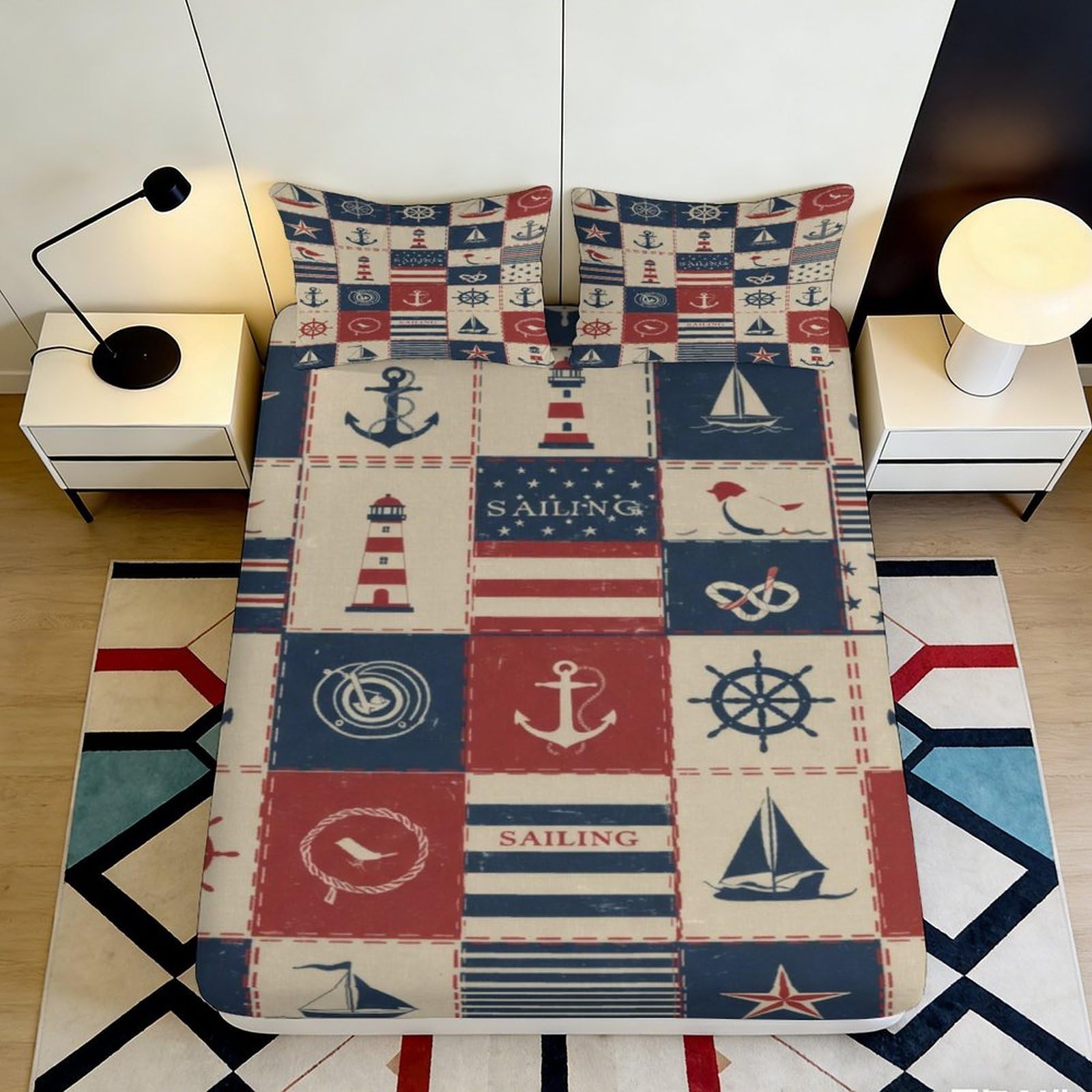 3D Printed Nautical Anchor Fitted Sheet Microfiber Soft Breathable Sailboat Bed Cover for Bedroom Guest Room Decor 90x200x25cm