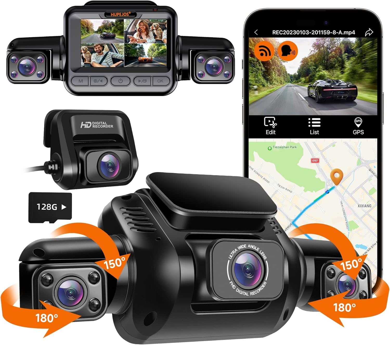 HUPEJOS 4K Dash Cam, 360° Dash Camera 4 Channel, Dashcam Front and Rear Inside, Dash Camera for Car Built in 5G WiFi GPS, Voice Control, Night Vision, WDR, with 128GB Card, 24/7 Recording Parking Mode