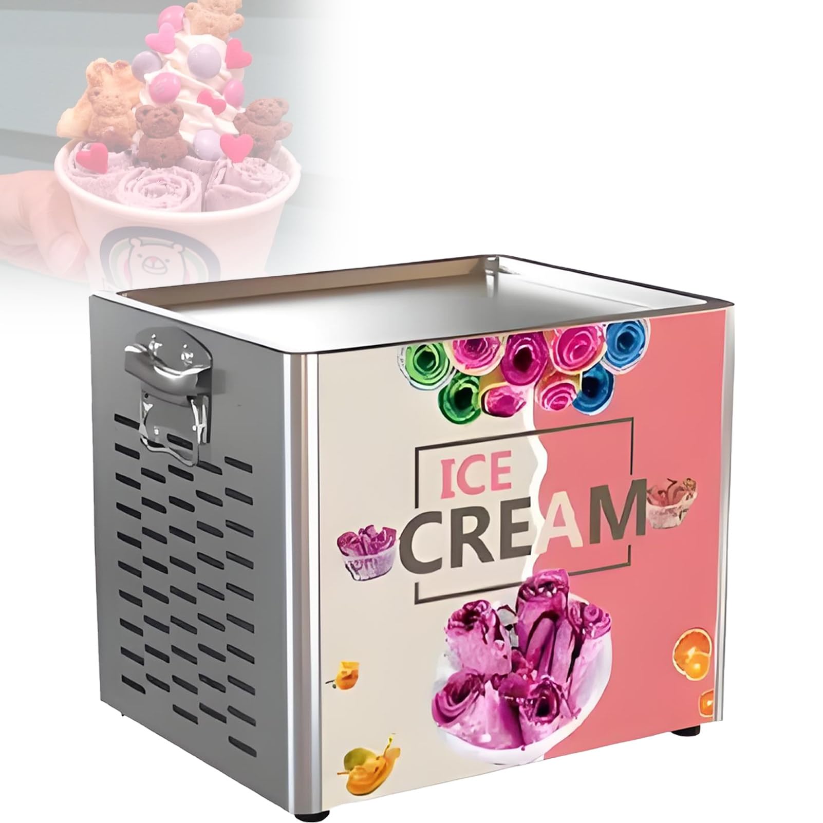 Ofyphth Electric Ice Cream Roll Maker, Commercial Rolled Frozens Yogurt Ice Cream Machine, Yogurt Cream Machine, Stainless Steel Stir-Fried 30x24cm Ice Pan, DIY Fun Family Activity.