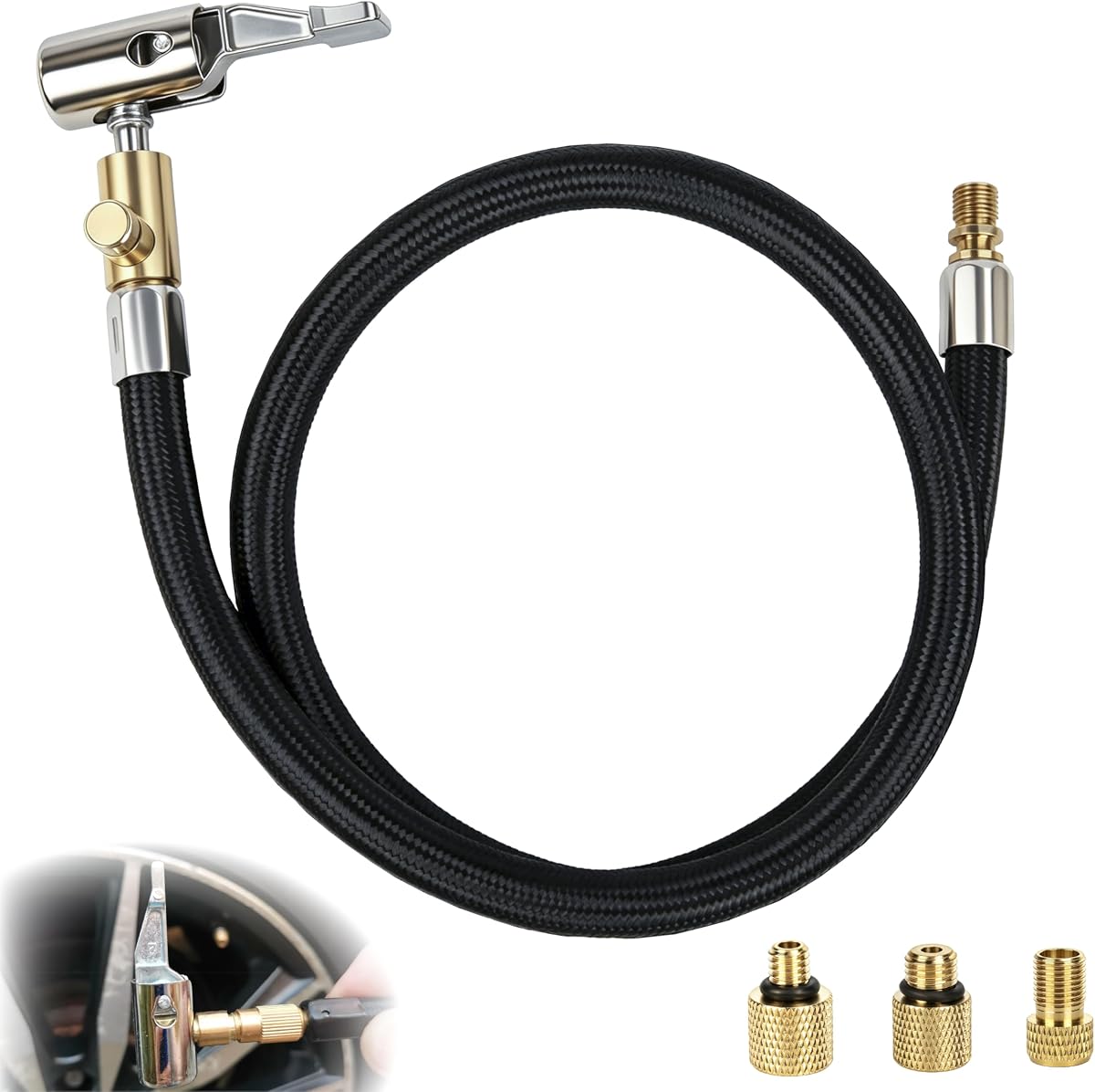 Sixzoo 24 Inch Tire Inflator Hose Adapter, Air Pump Hose Replacement | Quick Connect Tire Inflator Hose Replacement, Schrader Valve Thread & Presta Valve Adapter Fit for Car, Motorcycle, Bicycle
