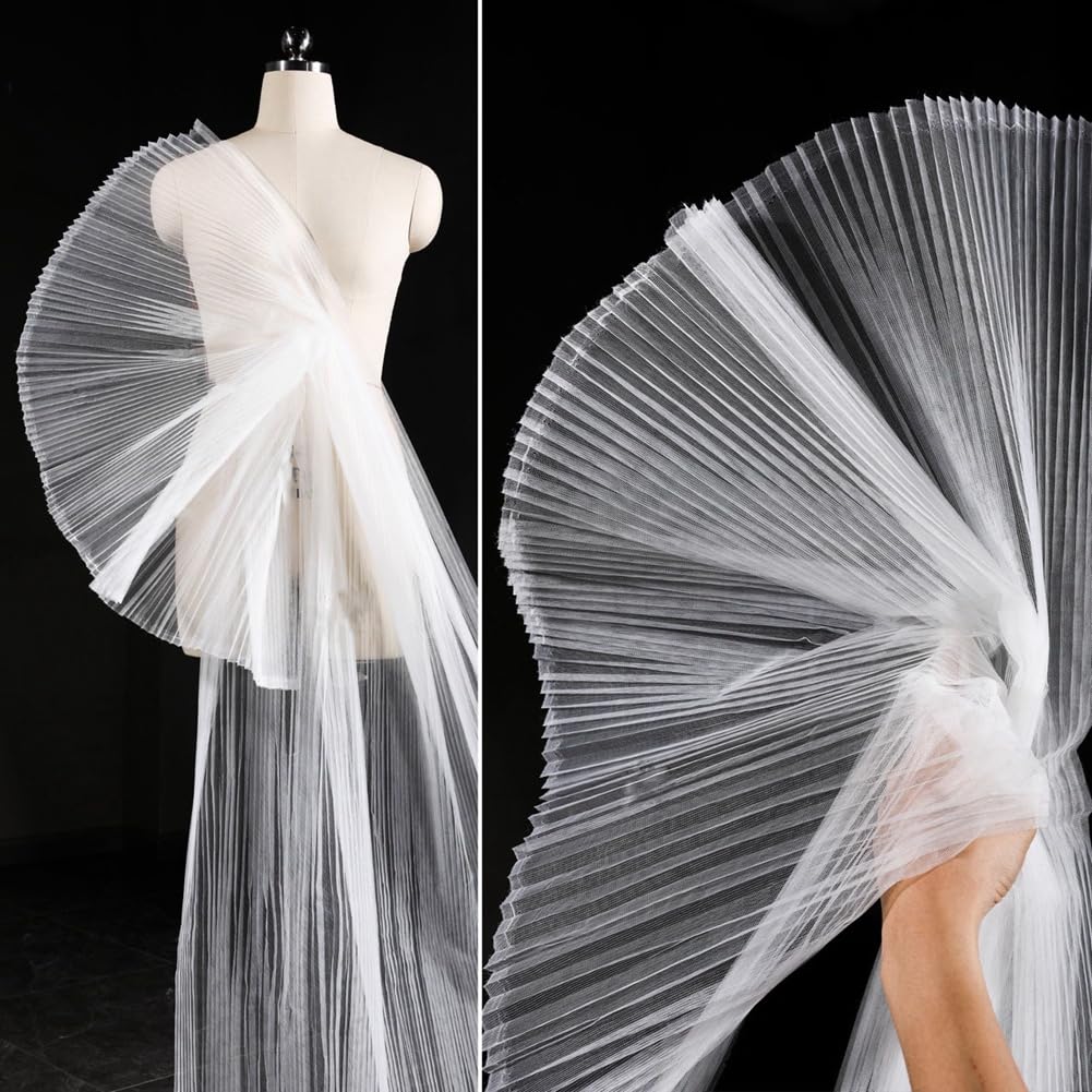 Weiß Plissee Tüllstoff 150cm Breite Plissierter Stoff Starre Tüllstoff DIY Organza Stoff Transparent Plissee Stoff Meterware Dekostoff Hochzeit Gerüschter Plissierter Stoff für Nähen 5m