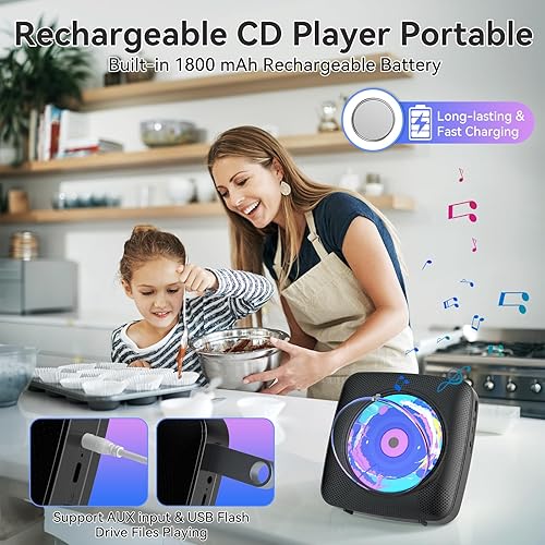 Miniatura 6 de Reproductor de CD portátil Bluetooth recargable reproductores de CD para el hogar con 1800 mAh Kegaudio Desktop Wall CD Player con altavoces,