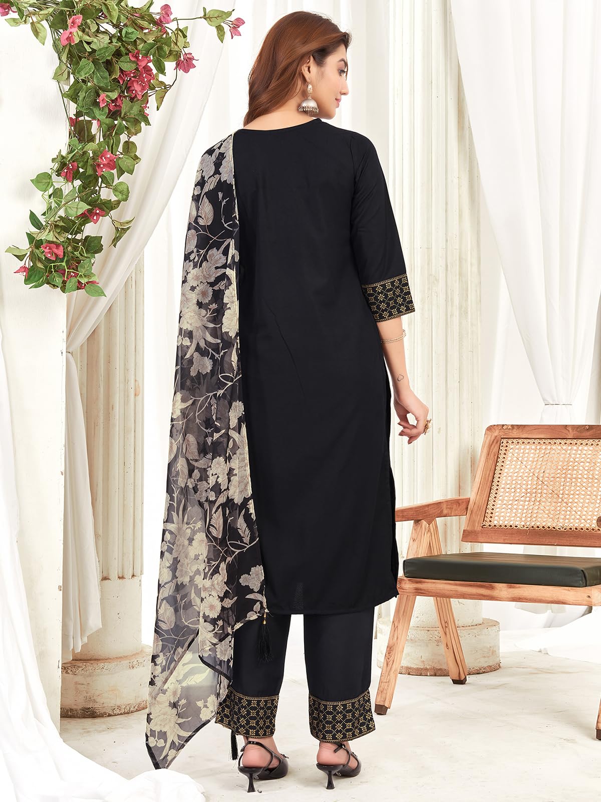 Sanisa Women's Cotton Blend Sequins Embroidery Foil Printed Straight Kurta With Pant And Dupatta Set (221Kbd2347N-S_Black)