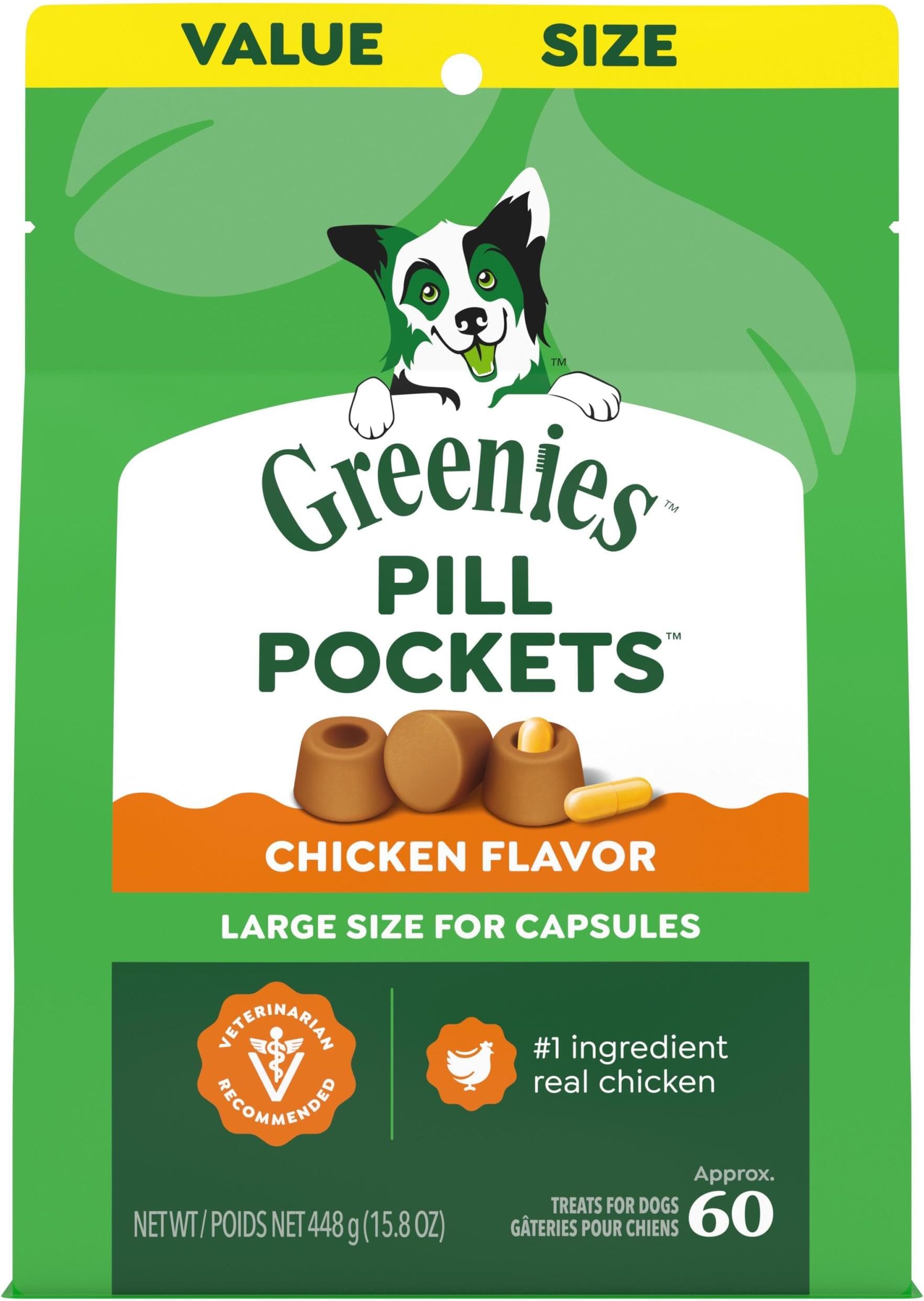 Greenies Pill Pockets for Dogs Large Size, Dog Treat Pouch for Capsule Medication, Chicken Flavor, 15.8 oz. Pouch