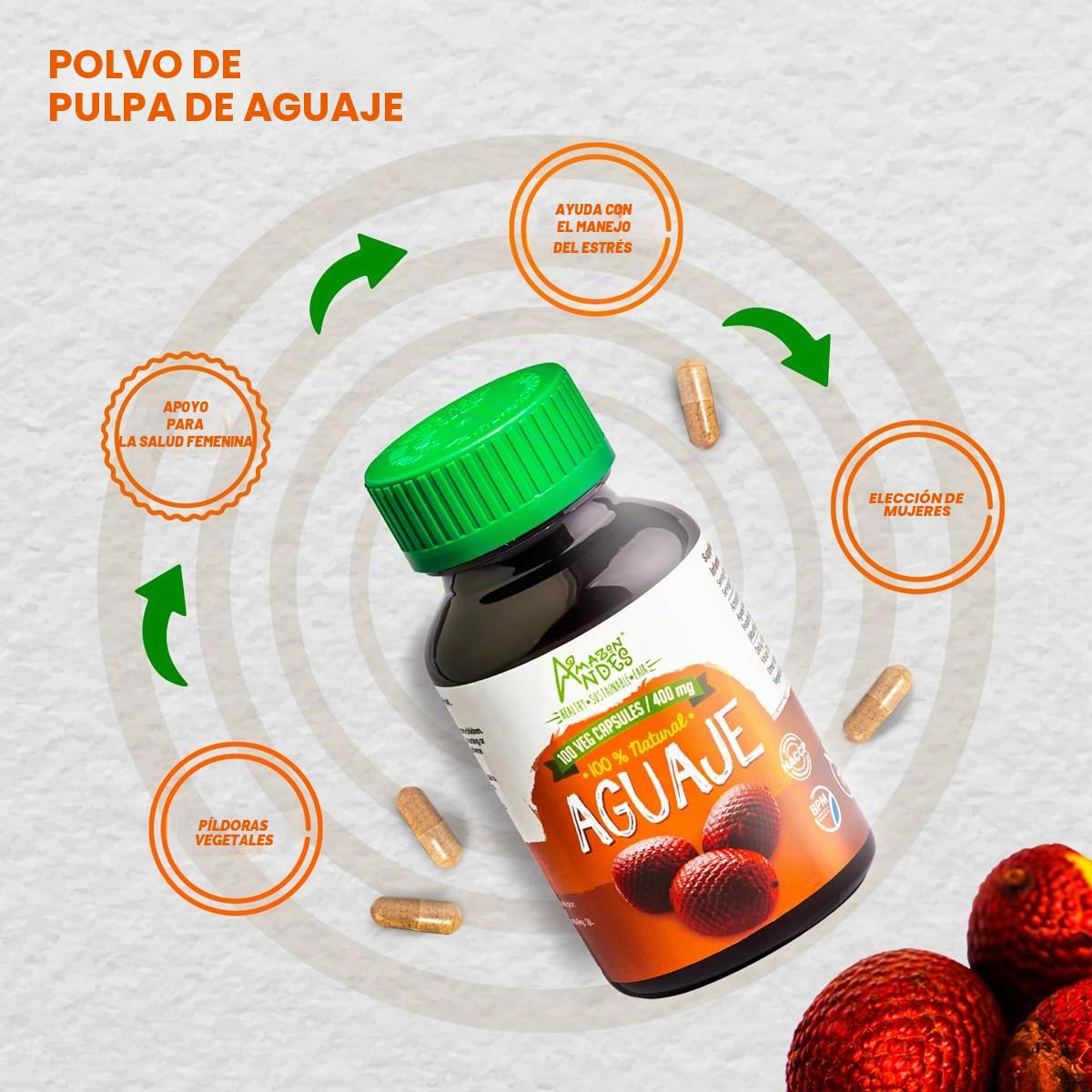 Amazon Andes Aguaje Cápsulas – Apoyador de la salud femenina y equilibrador hormonal – Cosechado silvestre en Perú y de origen sostenible – Sin OMG, comercio justo y sin gluten – Buriti 100 pastillas