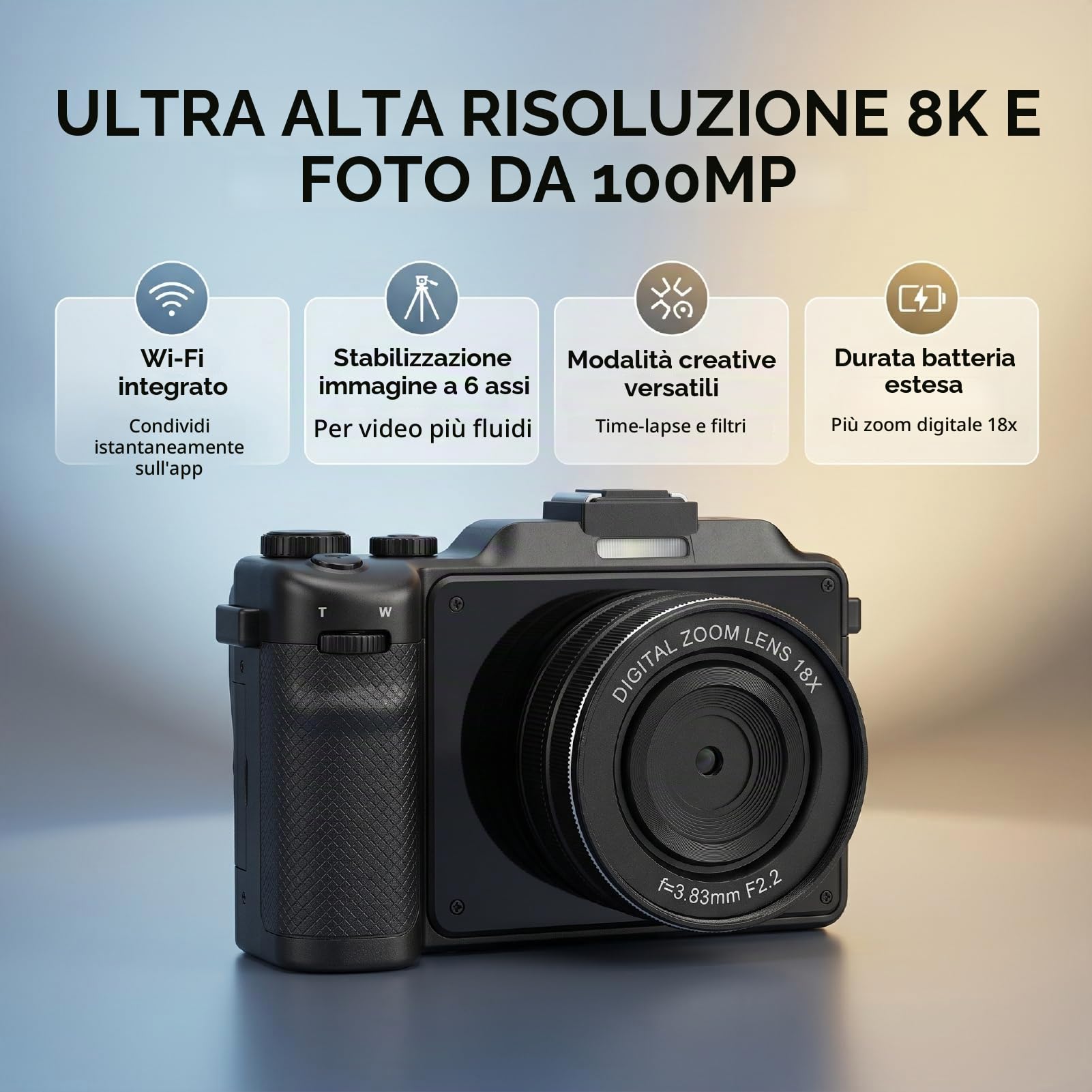 Fotocamera Digitale WiFi 8K, Fotocamera Doppio Obiettivo da 100 MP con Zoom 18X, Schermo da 3 Pollici, Stabilizzazione Elettronica a 6 Assi con Flash, Scheda di Memoria e Due (32 GB)