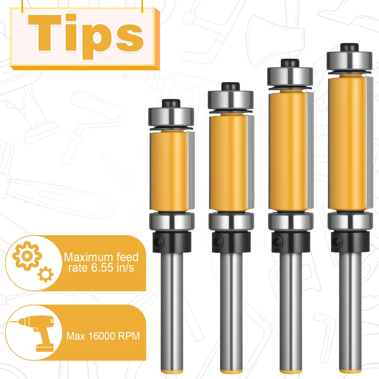 Router Bit Set - 4 Flush Trim Bearing Bits -4