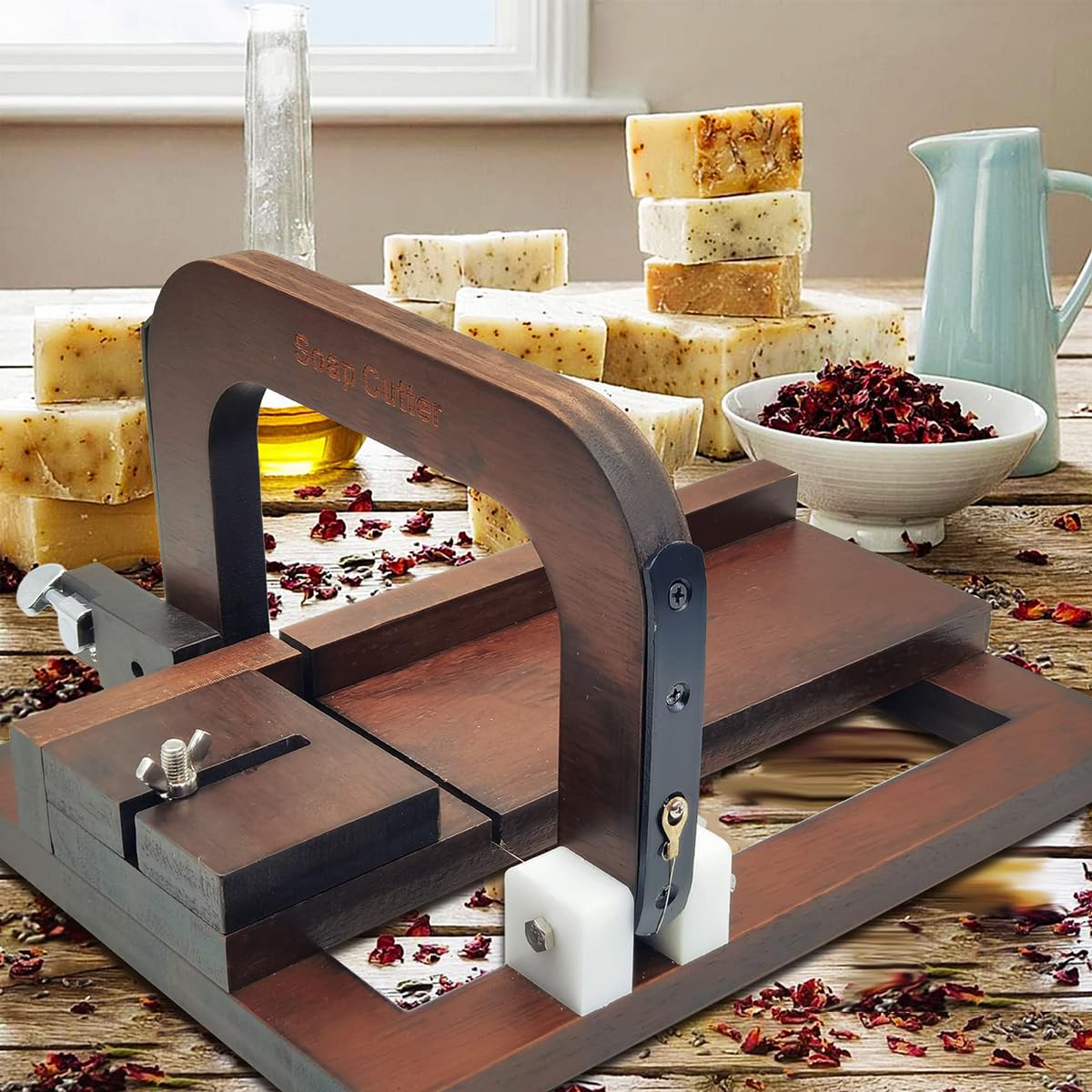 Cortador de jabón de madera, herramienta de corte de alambre con escala de tamaño, altura cortable 12 cm, cortador de jabón de un solo alambre para jabón hecho a mano, velas de mantequilla de queso