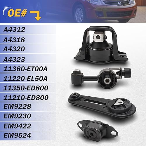 Miniatura 6 de Soporte de motor motor y soporte de transmisión para Nissan Versa 2007-2012 2009-2014 Nissan Cube 1.8L A4312 A4318 A4320 A4323 Juego de 4