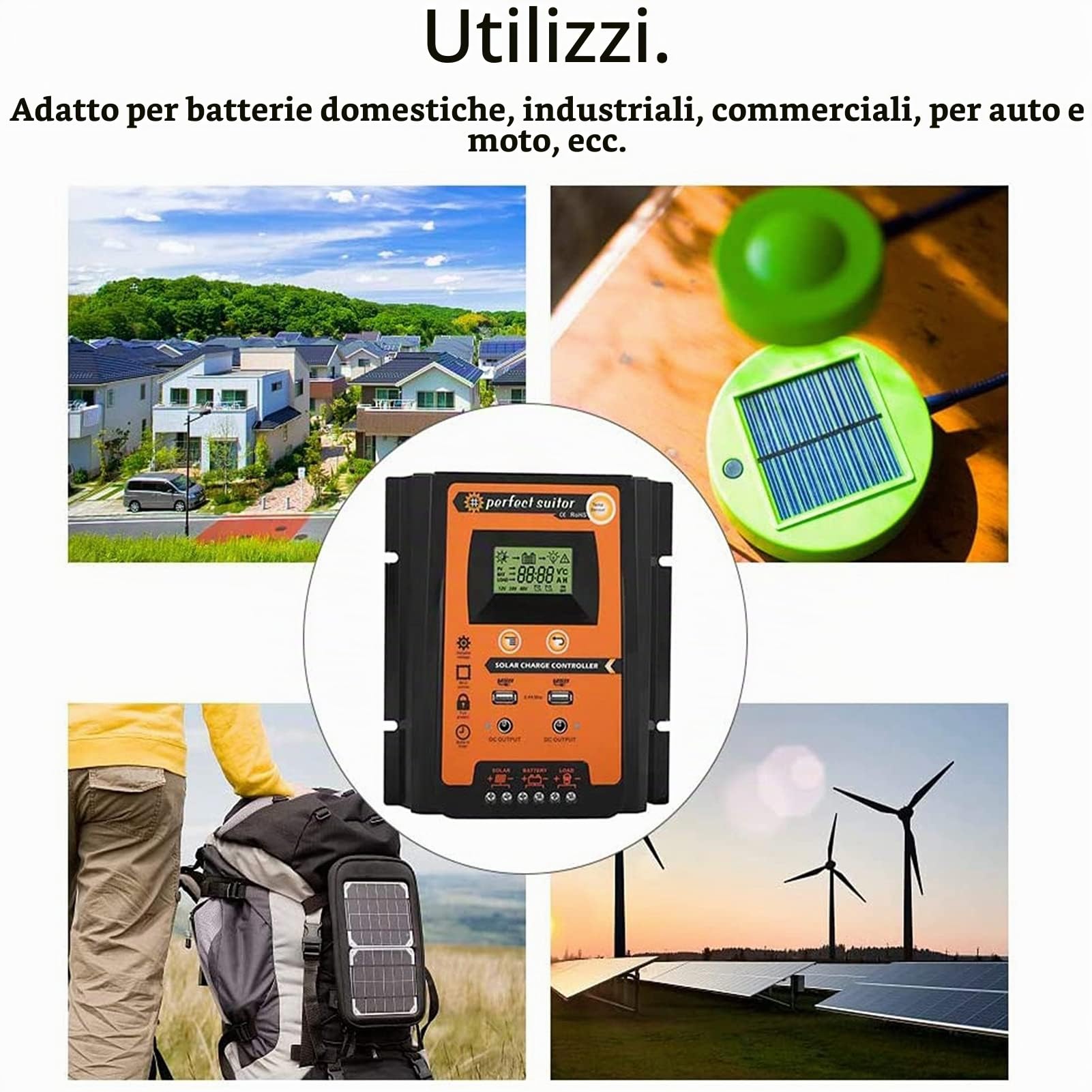 Regolatore di carica solare 12V/24V, Dual USB MPPT Regolatore di carica solare Pannello solare Regolatore batteria Regolatore solare con display LCD.(70A)