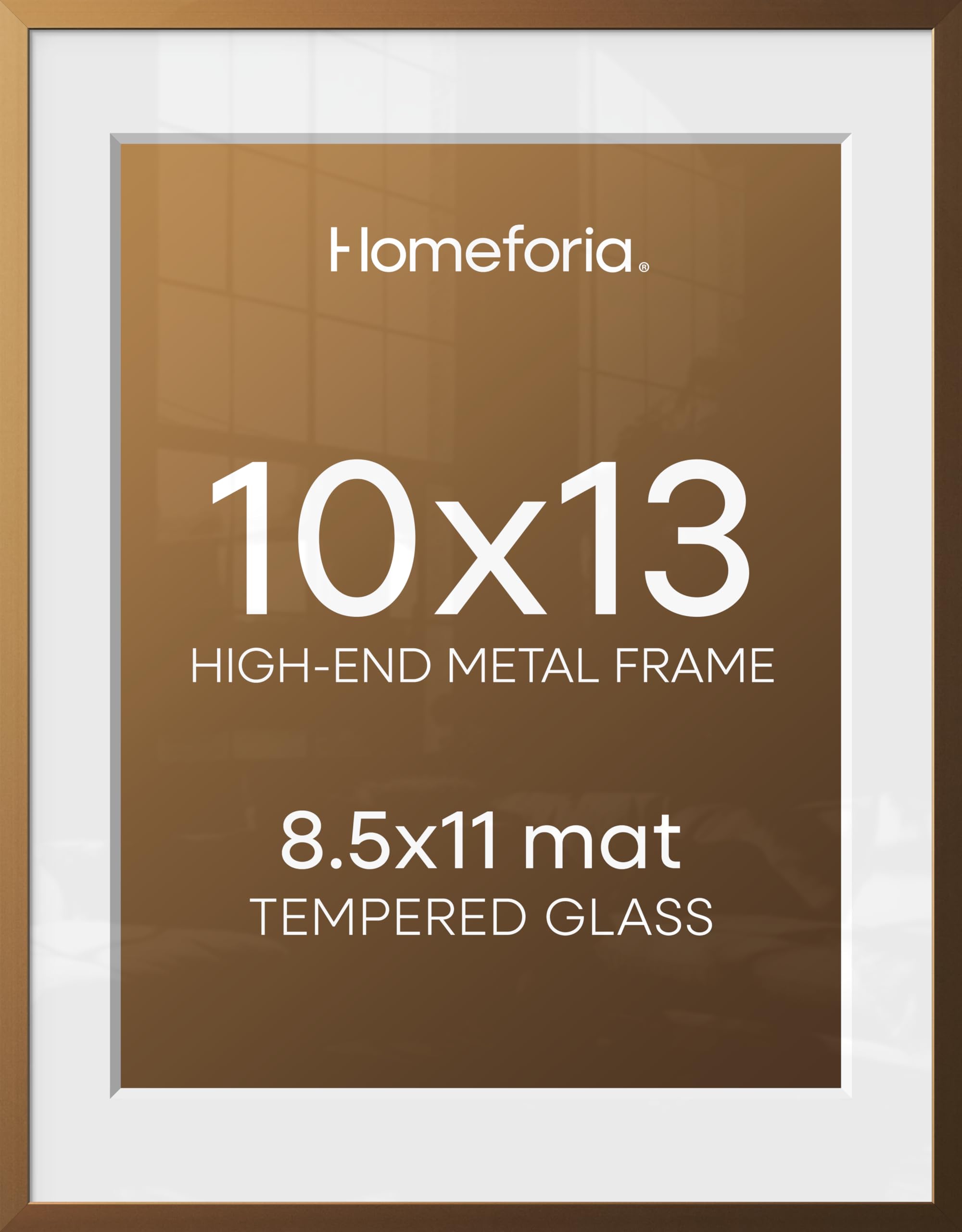Homeforia 10x13 Bronze Picture Frame, High-End Metal, 8.5x11 Mat, Glass | High End Aluminum, Tempered Glass, Acid-Free 8.5x11 Removable Mat, 10x13 in Edge-to-Edge Display 13x10, Wall Kit, Set Of 1