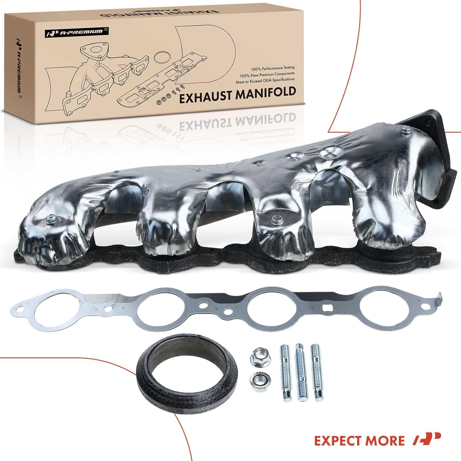 A-Premium Right Engine Exhaust Manifold Kit W/Gasket, Studs & Nuts [OHV 8Cyl 5.3 6.0L] Compatible with Chevrolet Colorado Trailblazer SSR & GMC Canyon Envoy & Buick Rainier & Hummer H3T & Isuzu & Saab