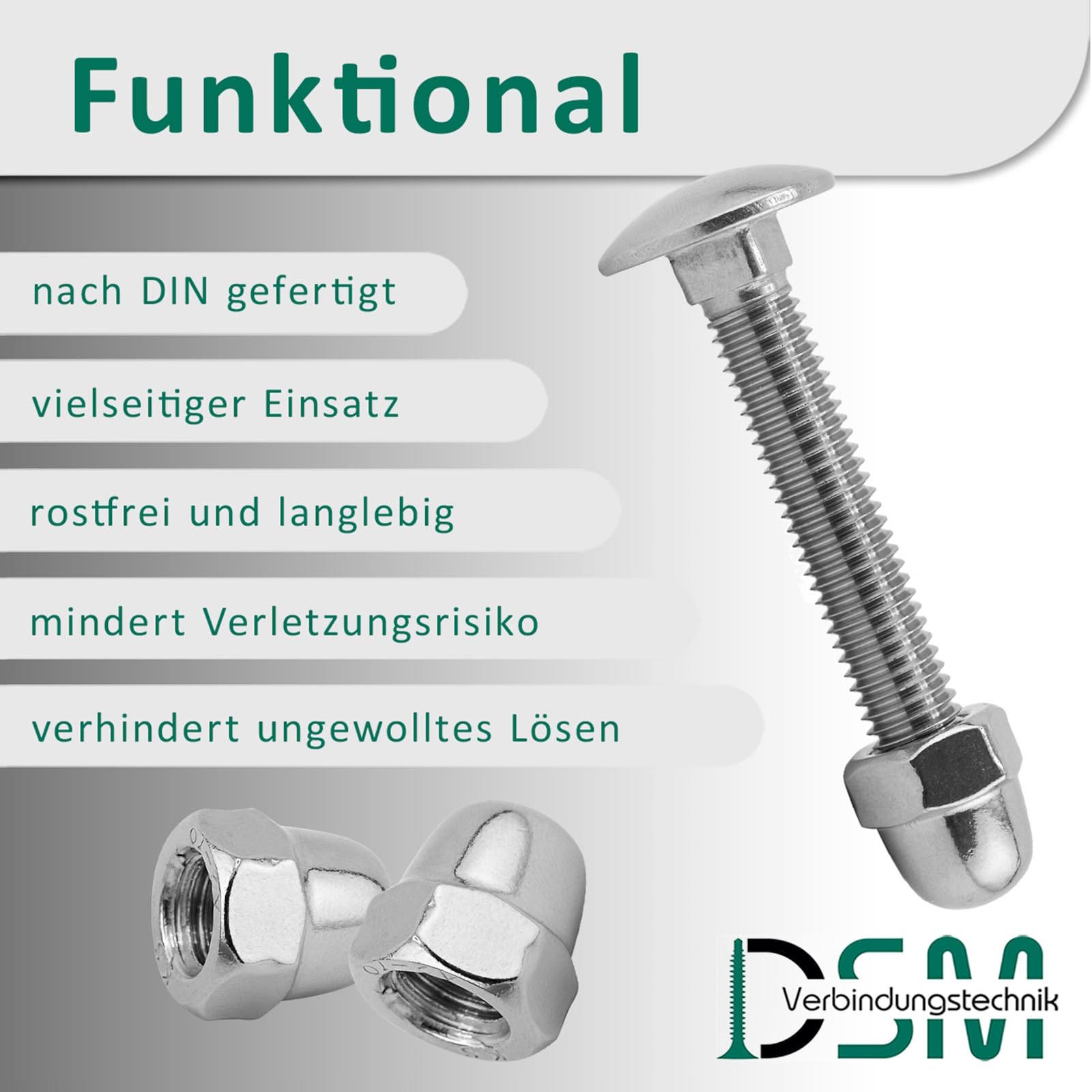 DSM - Viti a testa tonda M12 x 120 mm a norma DIN 603, dado M12, DIN 1587, in acciaio inox A2/V2A, filettatura completa, viti a testa tonda piatta con attacco quadrato, dadi a cupola, forma alta, 10