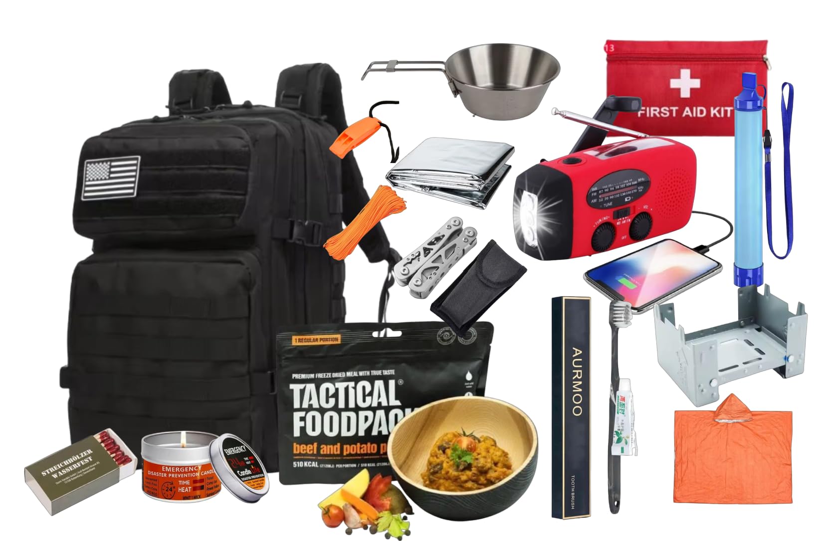 Mochila de Emergencia Equipada 72 Horas – Kit de Supervivencia UE con Comida Liofilizada, Radio Solar y Dinamo, Filtro de Agua y Primeros Auxilios – Mochila 50L Preparación Hogar y Evacuación