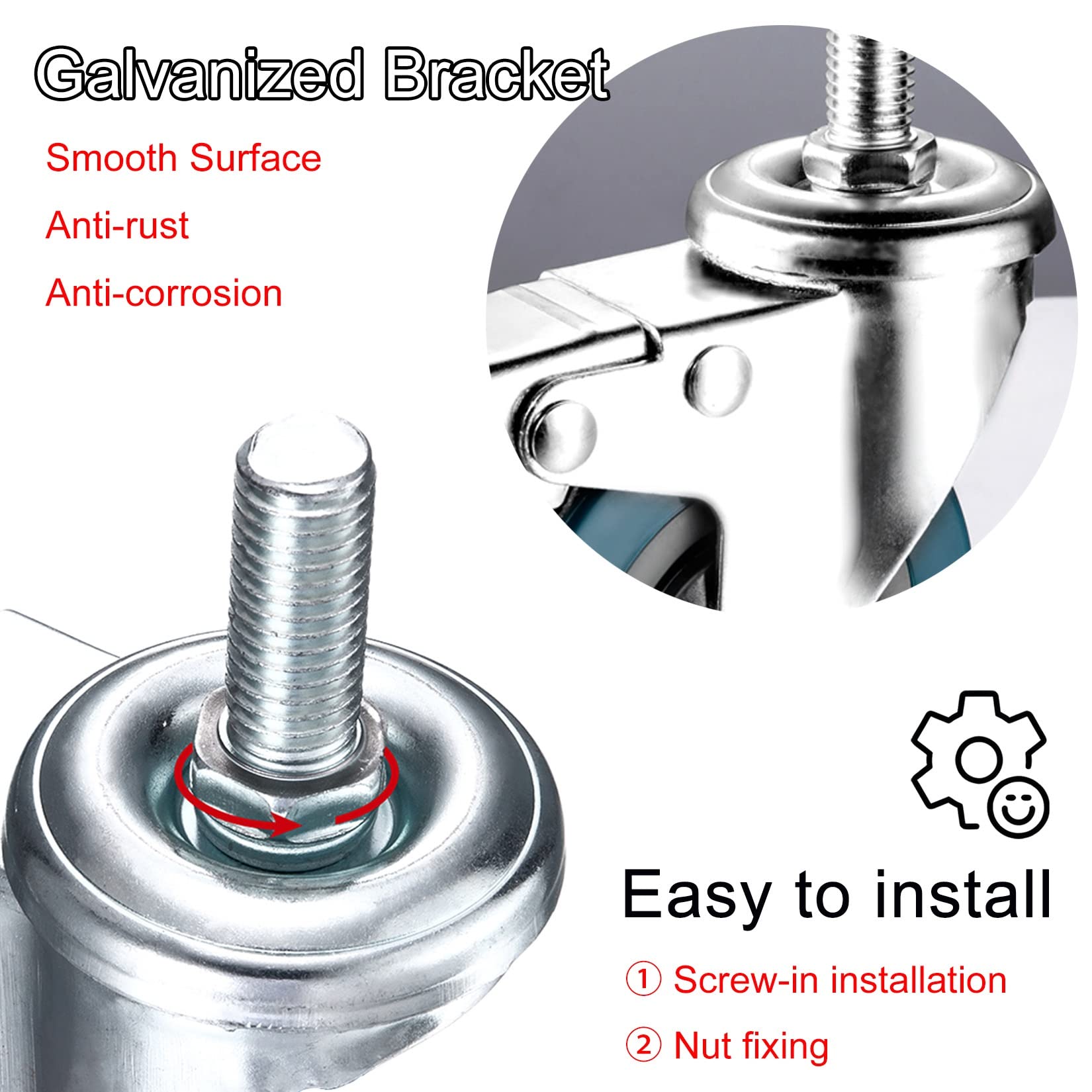 ESOYAWE Set di 4 65mm 75mm Ruote Girevoli del Carrello, Ruote Pivottanti for Mobili con Perno Filettato M10/M12, Silenziose Rotelle con Freni, Supportando Fino A 120kg, for Pavimenti Duri