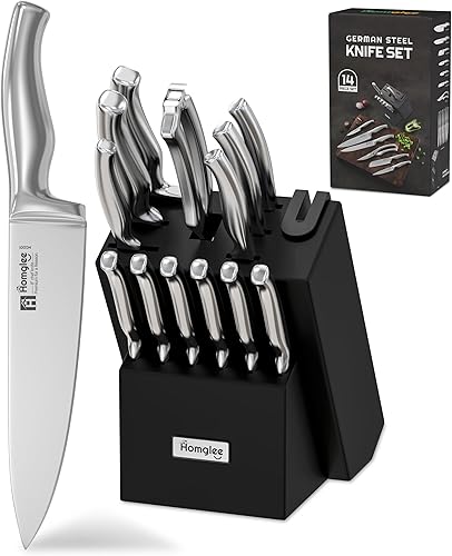Miniatura 1 de Juego de cuchillos de cocina de 15 piezas con bloque de madera, cuchillos de acero inoxidable con asas ergonómicas, afilador integrado, para cocina