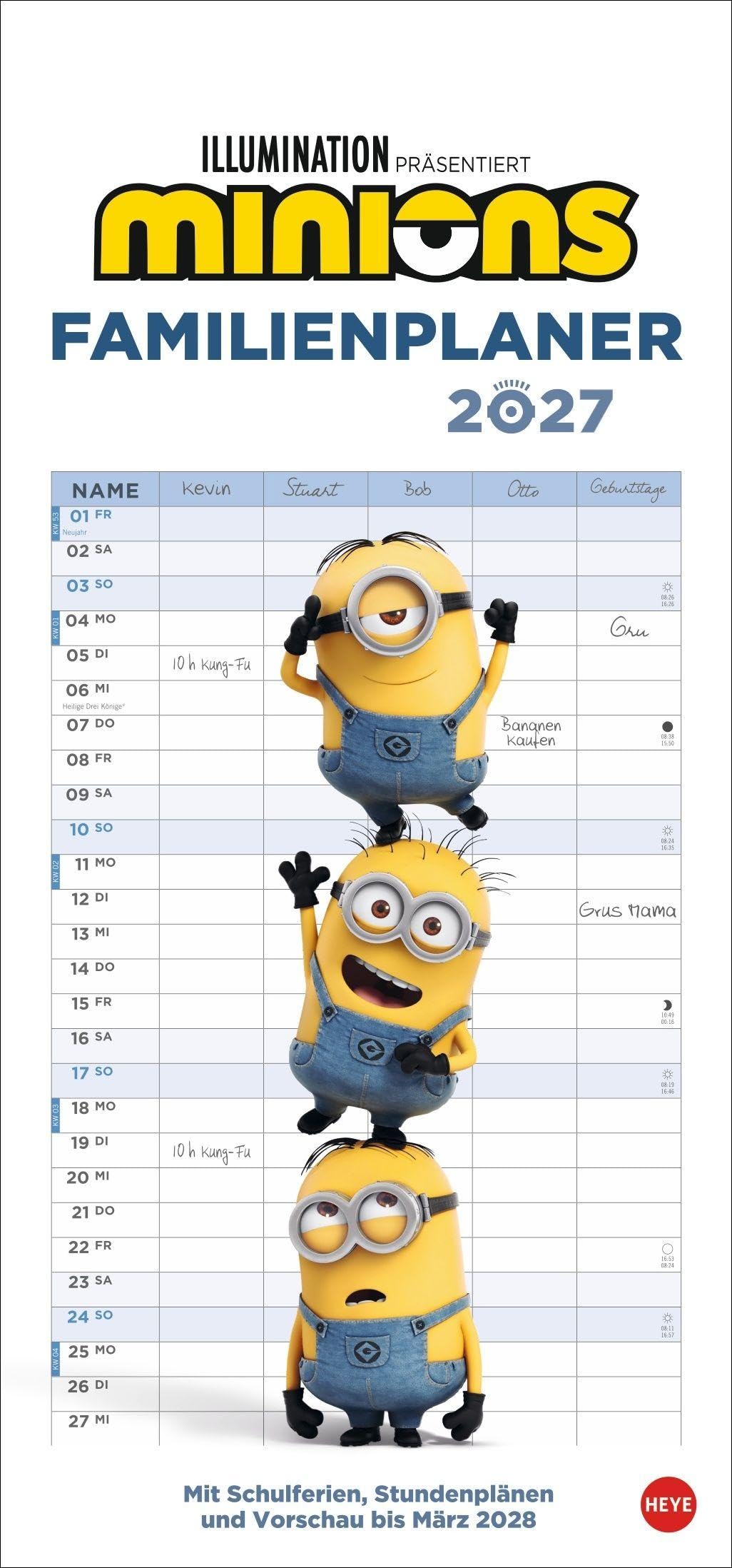 Minions Familienplaner 2027: Familienkalender mit 5 Spalten. Wandkalender mit Schulferien und Stundenplänen.