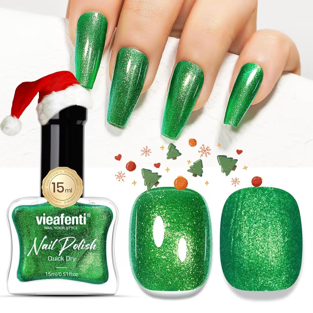 vieafenti Christmas Nail Polish Glitter Green 15ml, Quick Drying Nail Polish Regular Lacquer Aurora Long-Lasting Air Dry Long-Lasting Oil-Base