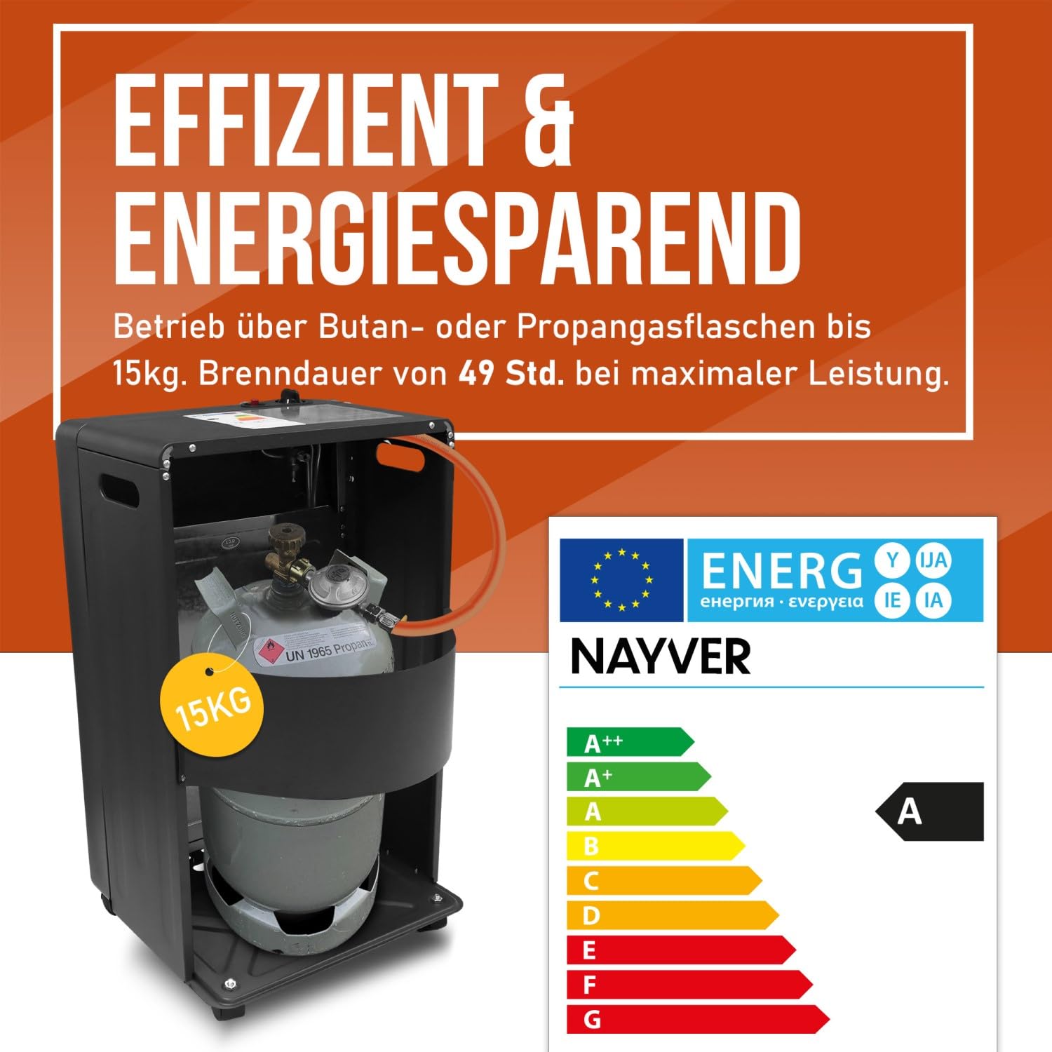 Gasheizung 4200 Watt Heizstrahler, schwarz | Gasofen mit Keramik Gasheizer, inkl. Gasdruckregler und Gasschlauch, Infrarot Keramikbrenner