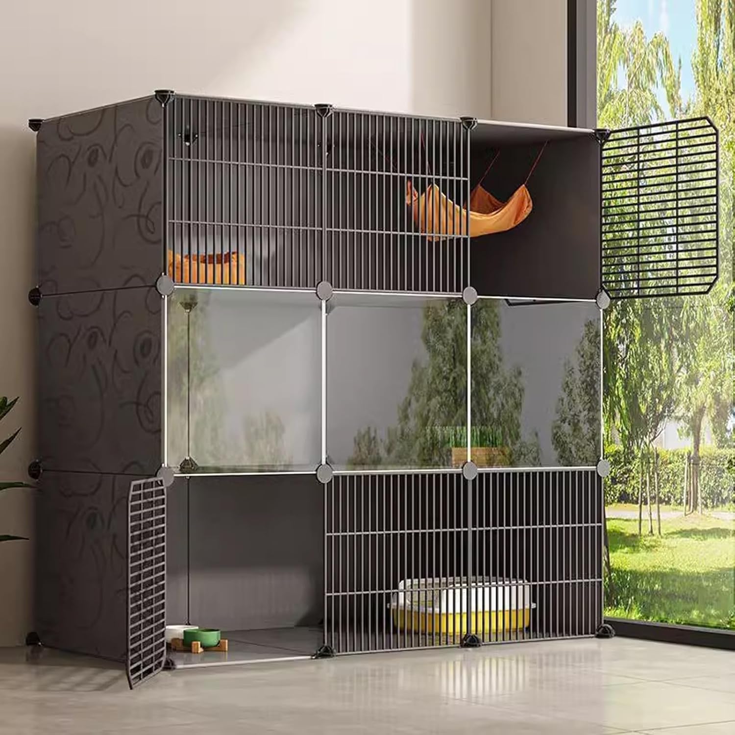 DIY Cat Cage, Cat Enclosure with Transparent Panel Detachable Metal Wire Small Animal Playpen Indoor Cat Crate Exercise Place Ideal for 1-2 Cat (One Color 111 * 49 * 109Cm)