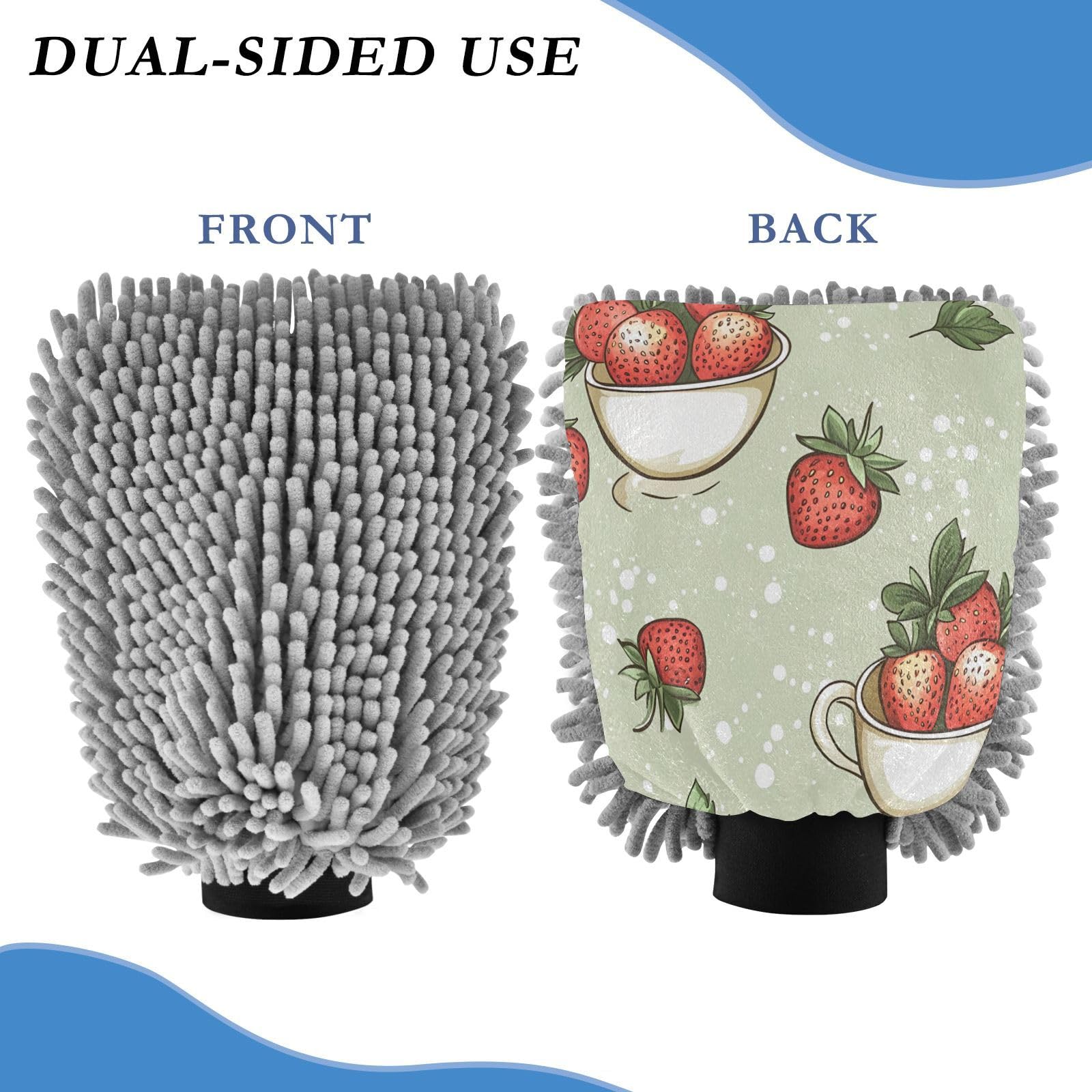 STAYTOP Strawberries in The Bowl Car Wash Mitt Microfiber, 2Pcs Scratch Free Lint-Free, Premium Chenille Microfiber Mitt Car Wash Brush-L