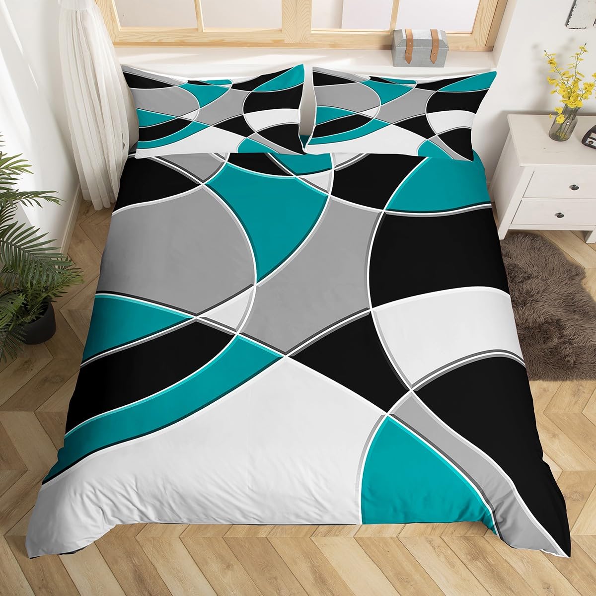 Retro Circle Duvet Cover Circle Geometric Comforter Cover Blue Grey Black Bedding Set for Kids Abstract Geometric Bedspread Cover Abstract Art Microfiber Bedclothes Zipper Double