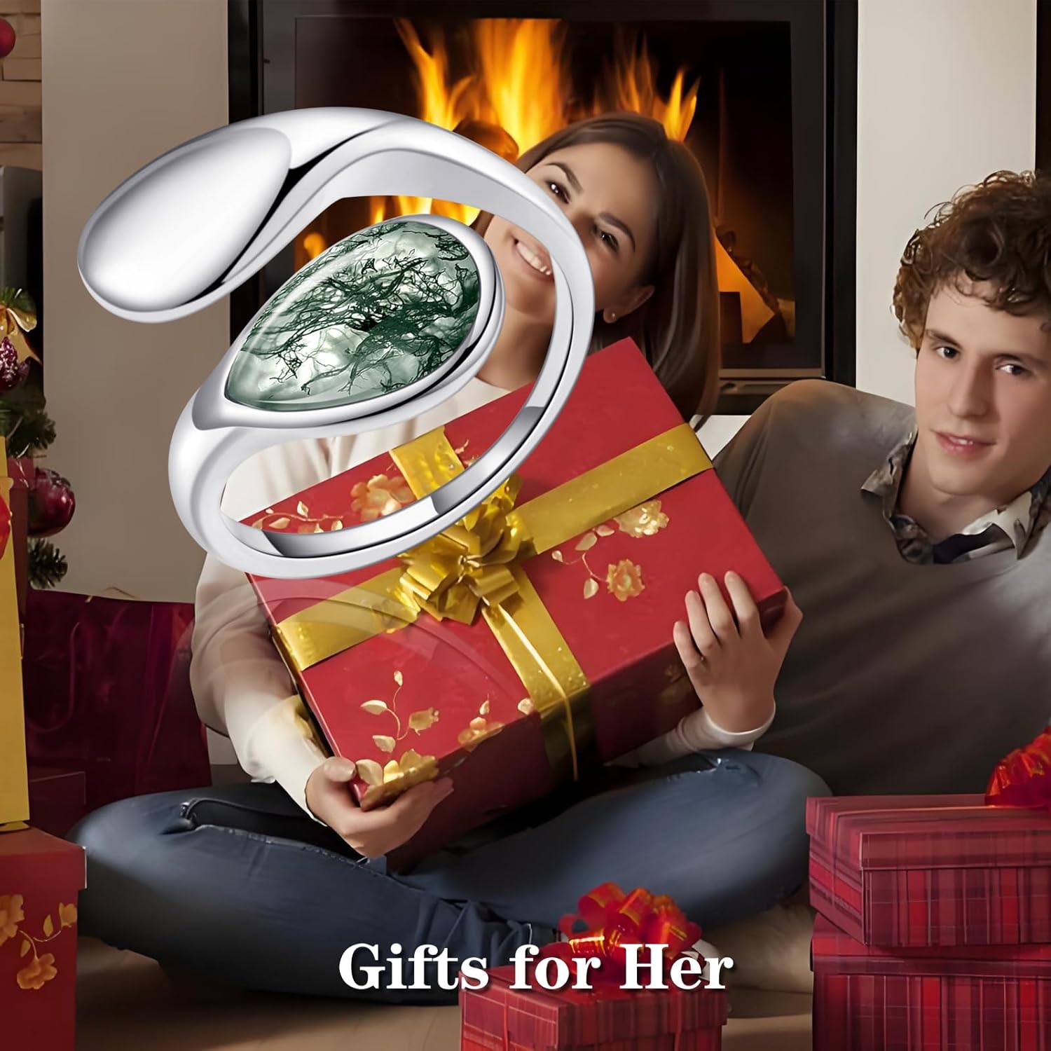 Moss Agate Ring for Women Green Moss Agate Adjustable Ring - Image 7