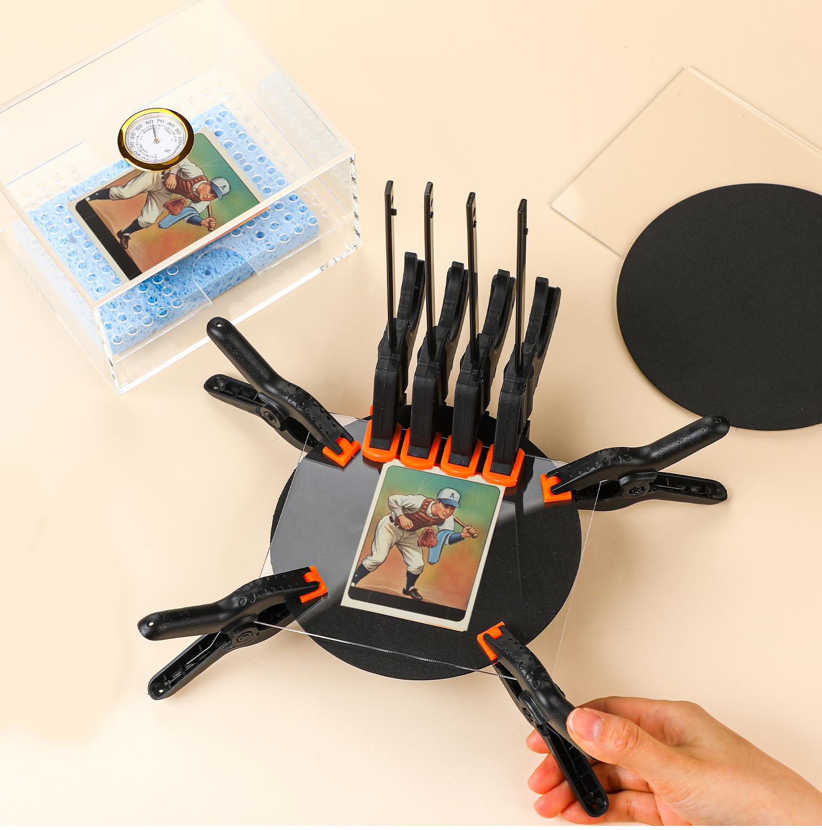 Grinsvalley Kit per la pulizia delle carte commerciali con 1 scatola idratante, 2 fogli acrilici, 8 morsetti in plastica, 5 tamponi, 1 cartella per ossa, 1 penna termica, 10 fogli di plastica, 25
