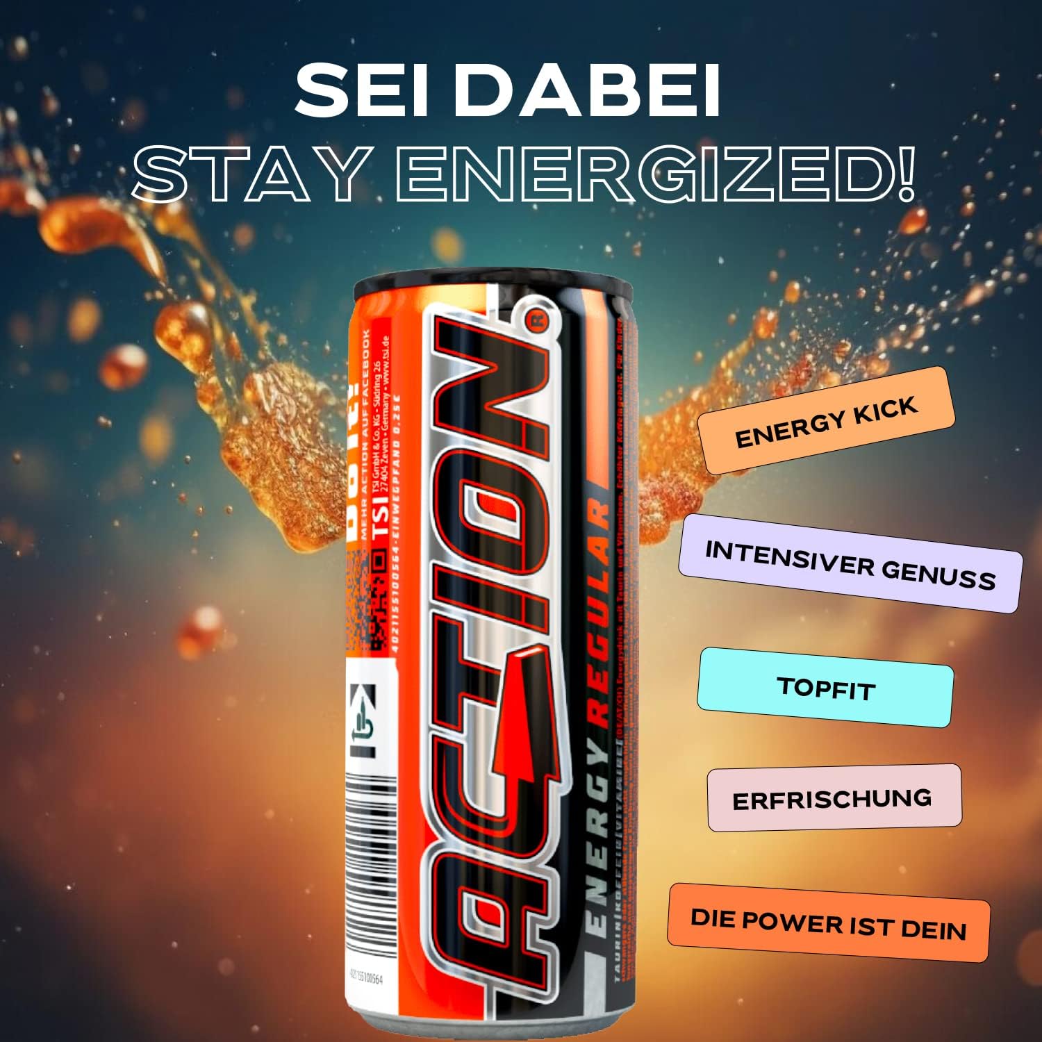 Action Energy Drink Regular (48 x 250 ml) incluye depósito – Refresco con sabor a tutti-Frutti – patata energética con mayor contenido de cafeína 31,5 mg/100 ml de cafeína